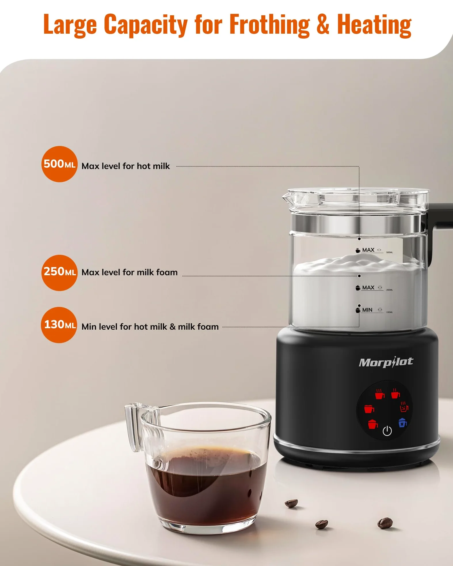 Milk Frother, Morpilot Montalatte Elettrico in Vetro, 6 in 1 Funzione, Capacità 250ml Per Schiumare o 500 ml Per Riscaldare Latte, Design Diviso, Nero