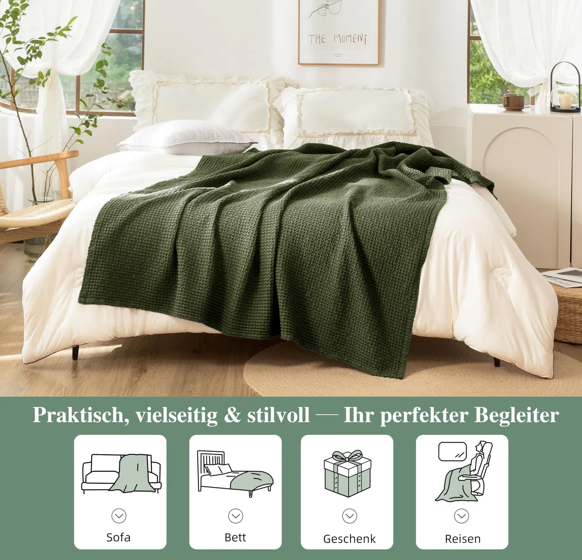CHUFFED 100% Cotone Coperta 220 x 240 cm, Morbida e Traspirante Trapunta, Motivo a Gabbia Leggera come Coperta per Divano, Morbida e Soffice Coperta per il Soggiorno, Divano o Poltrona Verde Oliva