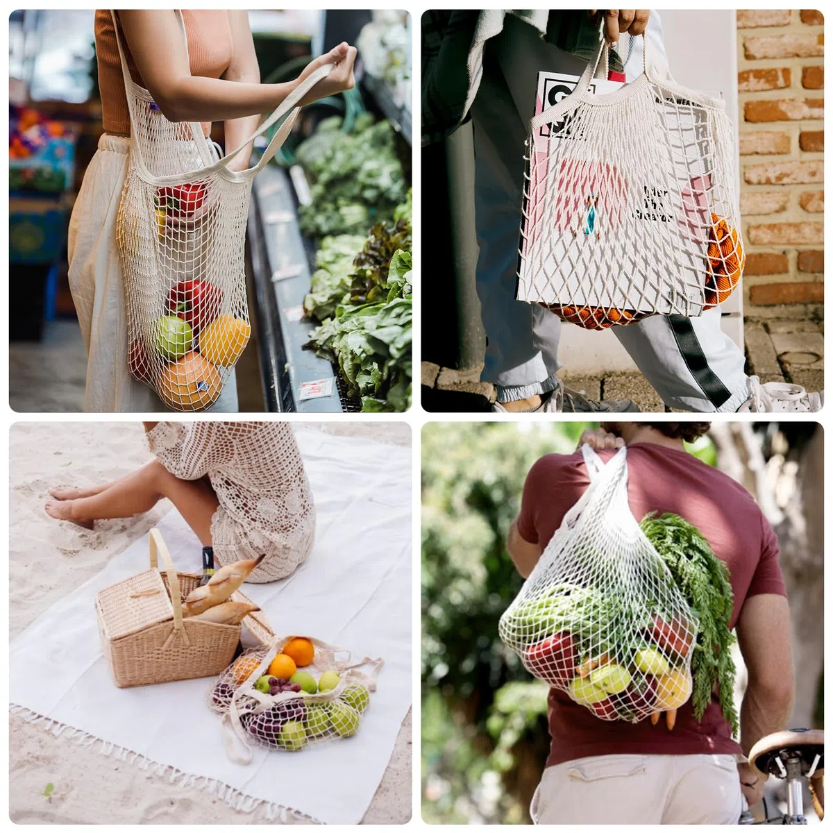 2 Pezzi Sacchetti in Rete Riutilizzabili per La Spesa,in Cotone, Con Manico Lungo, Borse per La Spesa Lavabili in Corda di Cotone Organico, per Conservare Frutta, Verdura, Vibo,Beige