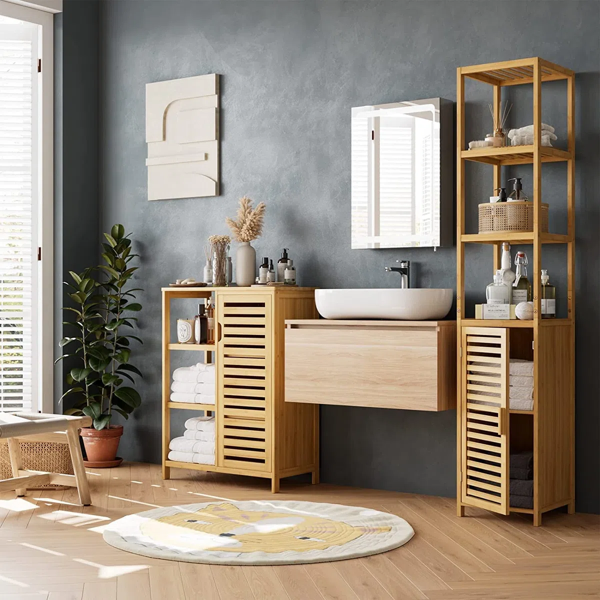 FOREHILL Mobile da Bagno Salvaspazio,Armadietto da Bagno a Colonna in bambù,Mobile da Terra a 3 Ripiani e 1 Ante,Mobiletto Autoportante da Angolo per Cucina Soggiorno 33x34x169cm