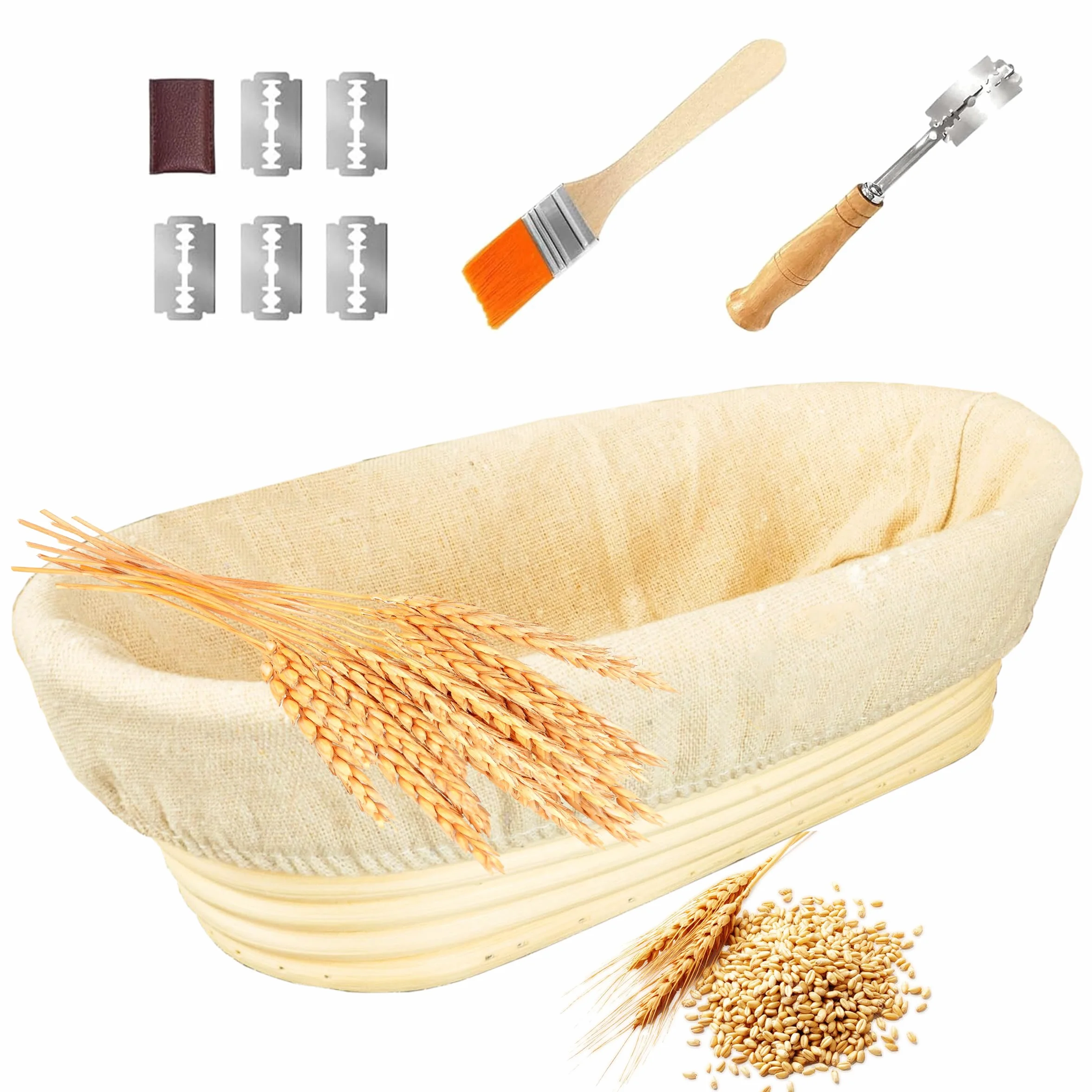 Cestino Lievitazione Pane, 25 cm Set di Cestini per la Fermentazione da 1 kg, Set con Spazzola, Coltello da Pane, Panno di Lino