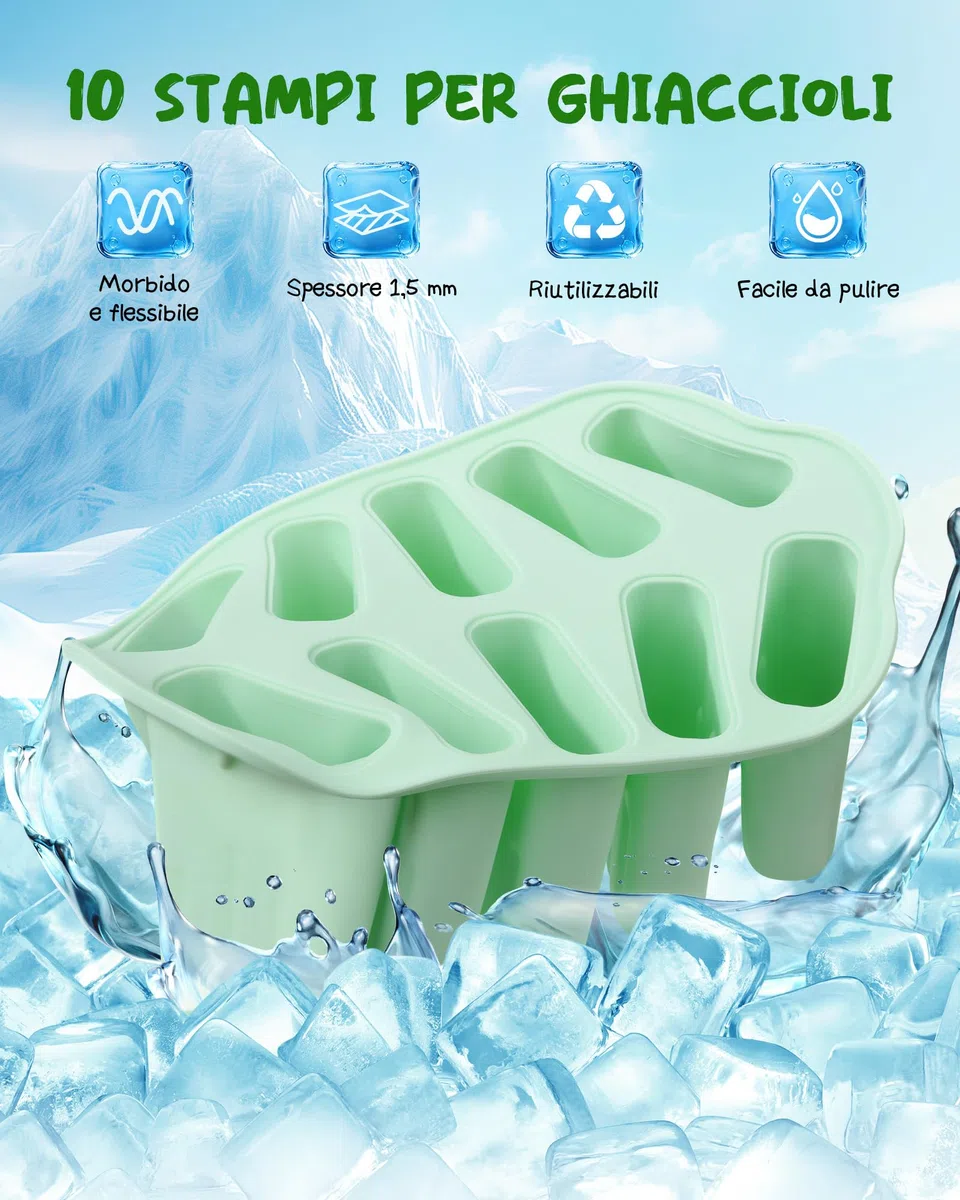 Stampi per Ghiaccioli in Silicone, Silicone Stampi per Gelato senza BPA, 10 Cavità Formine Ghiaccioli Riutilizzabili, Stampi per Ghiaccioli Spazzola per la Pulizia e Coperchio, per DIY Ghiaccioli