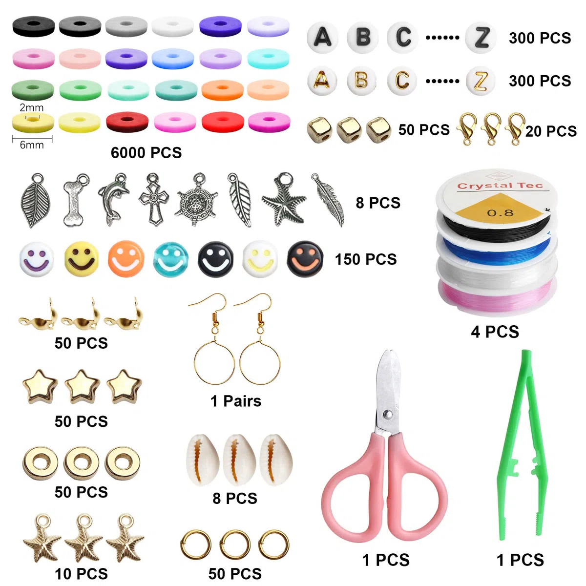 Perline Piatte per Braccialetti, 7048 Pezzi Perline con Lettere e Faccina Sorridente per Braccialetti,24 Colori da 6 mm di Argilla Polimerica per Bigiotteria Fai da Te