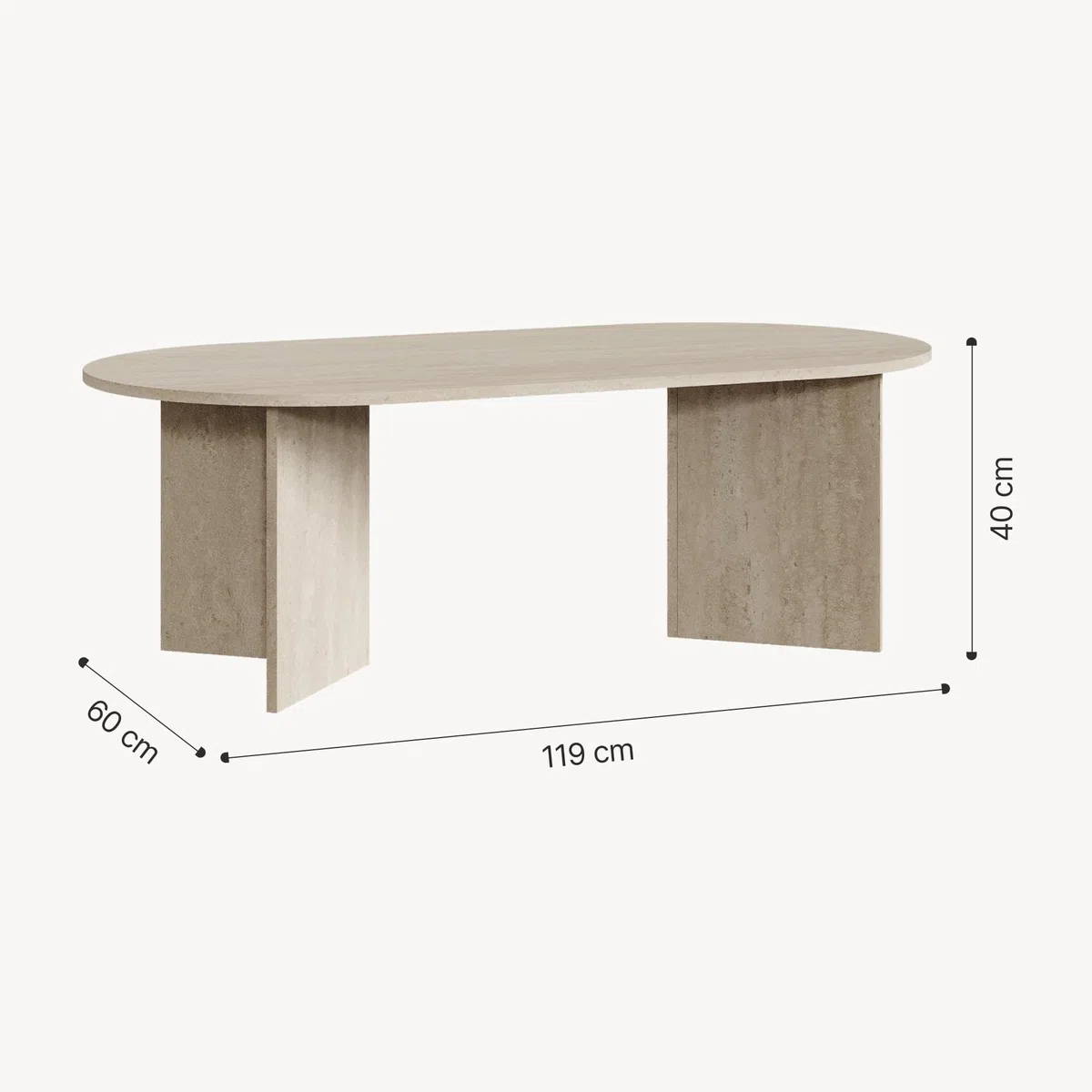 [en.casa] Tavolino da Salotto con Piano Ovale Tavolo Basso Centrale da Caffè per Soggiorno Zona Living Studio Sala d'Attesa 119 x 60 x 40 cm - Color Avorio Travertino