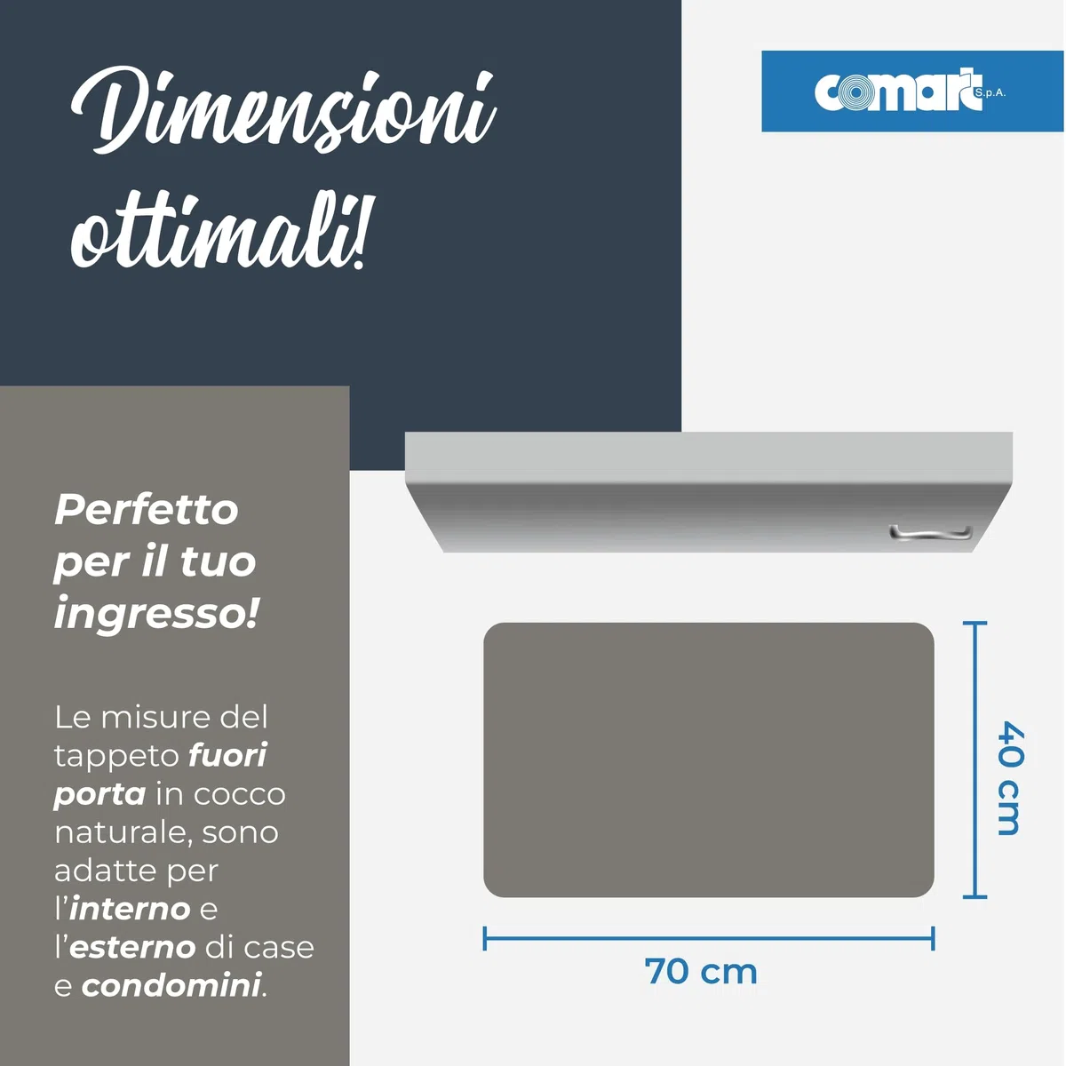 Comart - Zerbino Natural in Cocco - 40x70 cm - Zerbino per Ingresso Esterno e Interno - Fondo in PVC Antiscivolo - Tappeto Fuori Porta - Asciugapassi Facile da Pulire e Resistente - Rettangolare