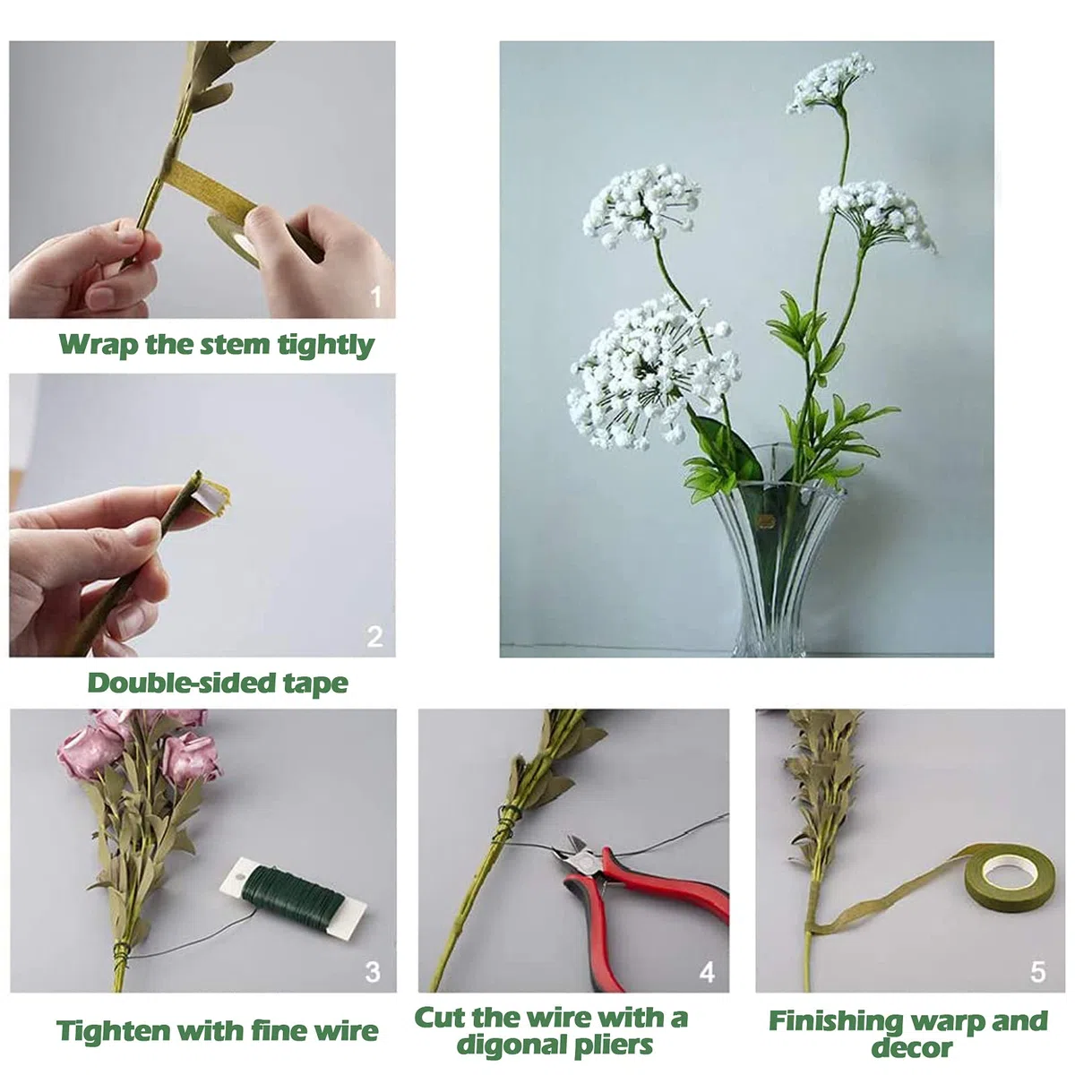 Kit di strumenti per composizioni floreali, set da 6 rotoli di fusto e 220 pezzi di filo floreale (18/22/26 gauge) per bouquet di fiori, imballaggio e fai da te