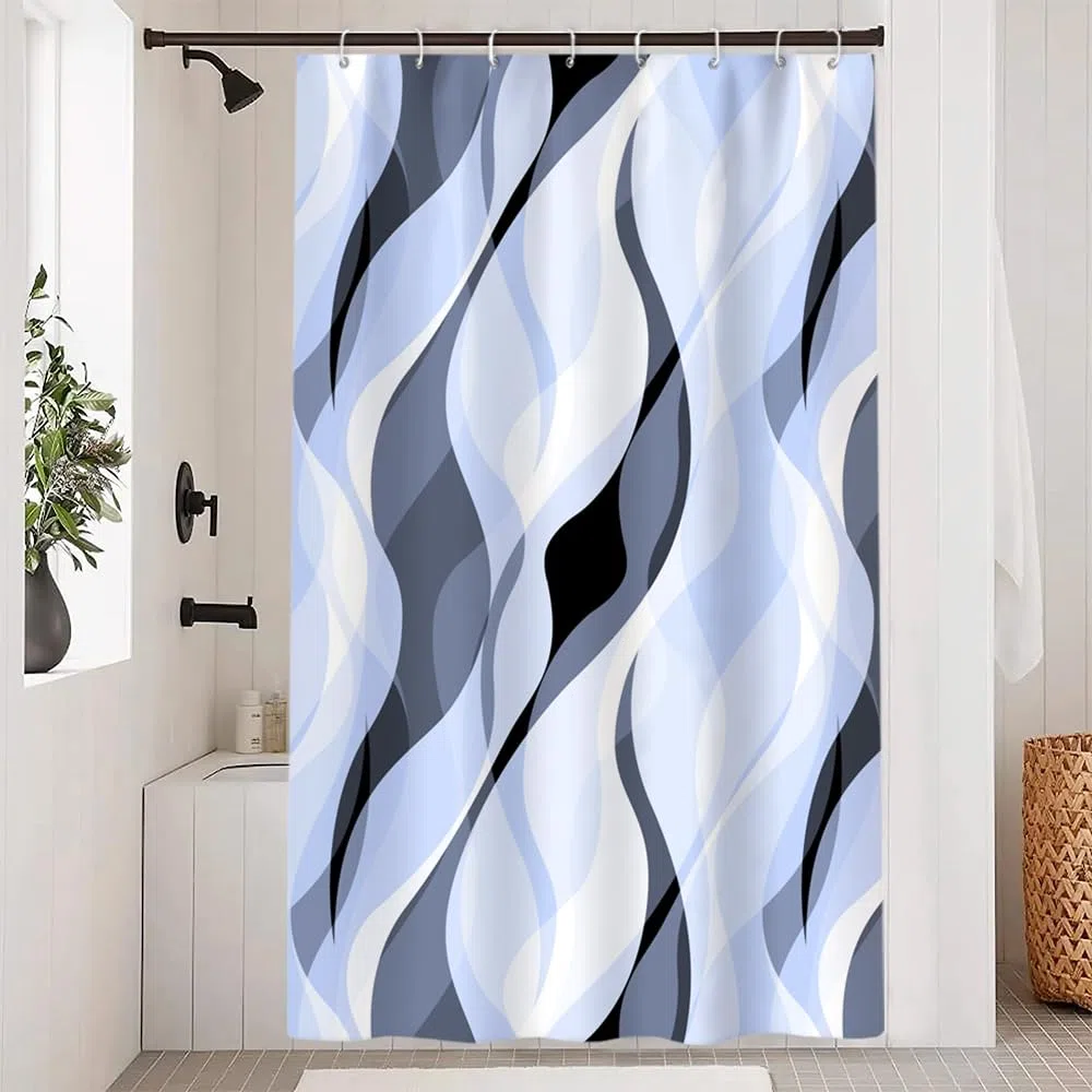 Tenda Doccia Antimuffa, Tenda da Doccia 120x200cm Blu Righe Sfumata Grigio Banda Gradiente Tende da Bagno Tessuto Lavabile Impermeabile Poliestere Tende per Vasca da Bagno con 8 Anelli
