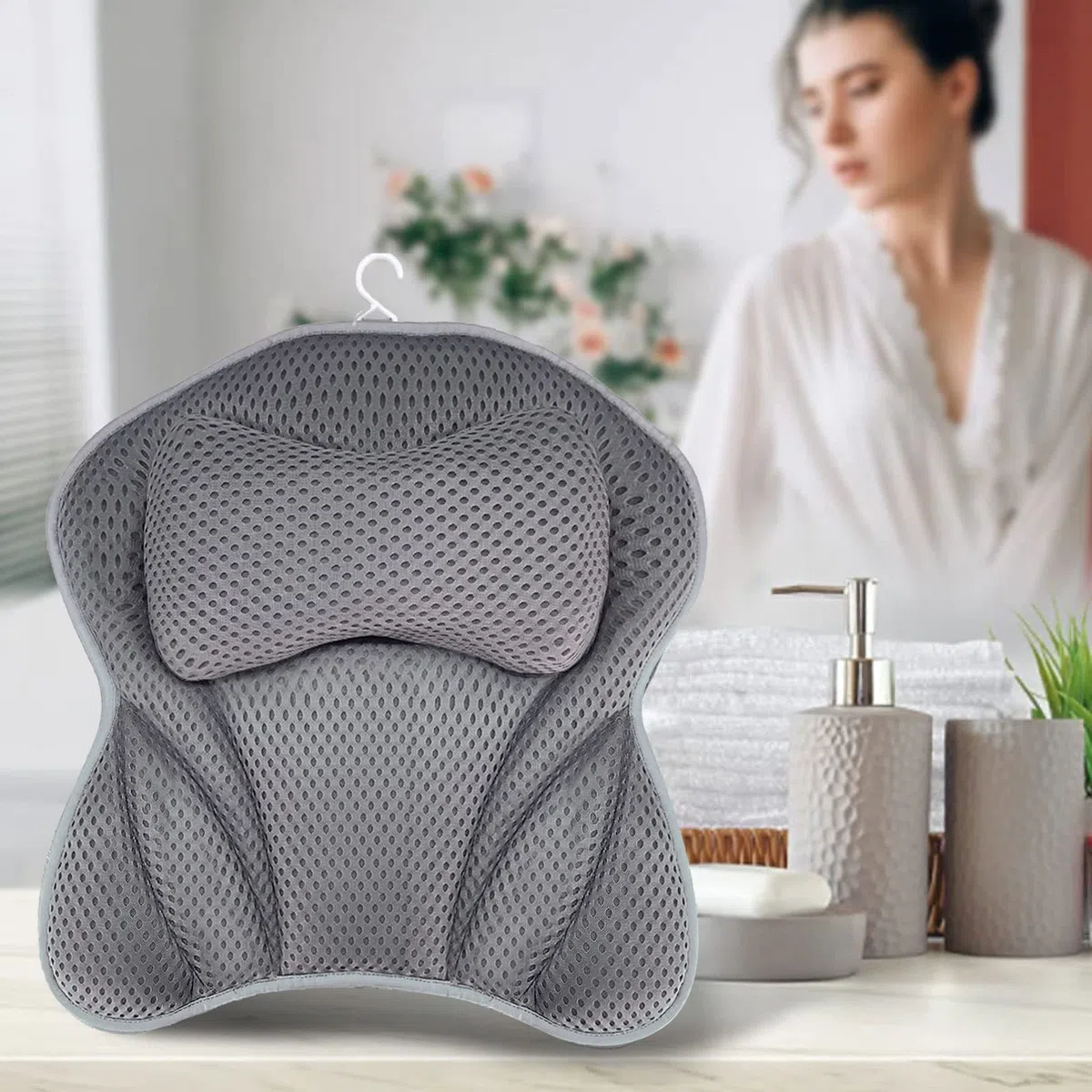 Amzeeniu Cuscino da Bagno,Nuovo Cuscino Per Vasca Da Bagno 4D Air Mesh con 6 Ventose,Cuscini Poggiatesta da Vasca per Vasca da Bagno Cuscino,Home Spa Per Collo Della Vasca E Supporto Per La Schiena