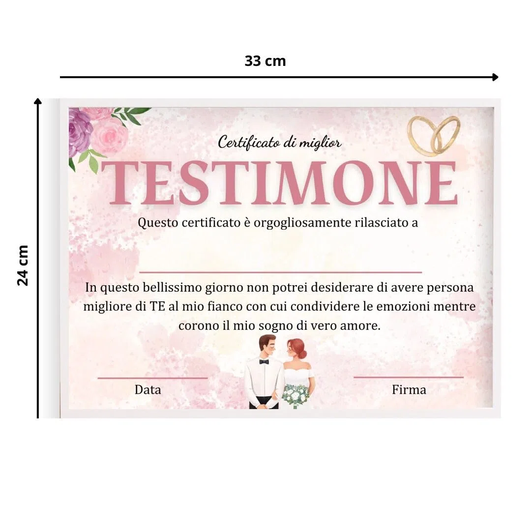 Diploma Miglior Testimone del Mondo con Cornice, Regalo Testimone di Nozze, Certificato di Miglior Testimone Personalizzato, Attestato Damigella (TESTIMONE F)