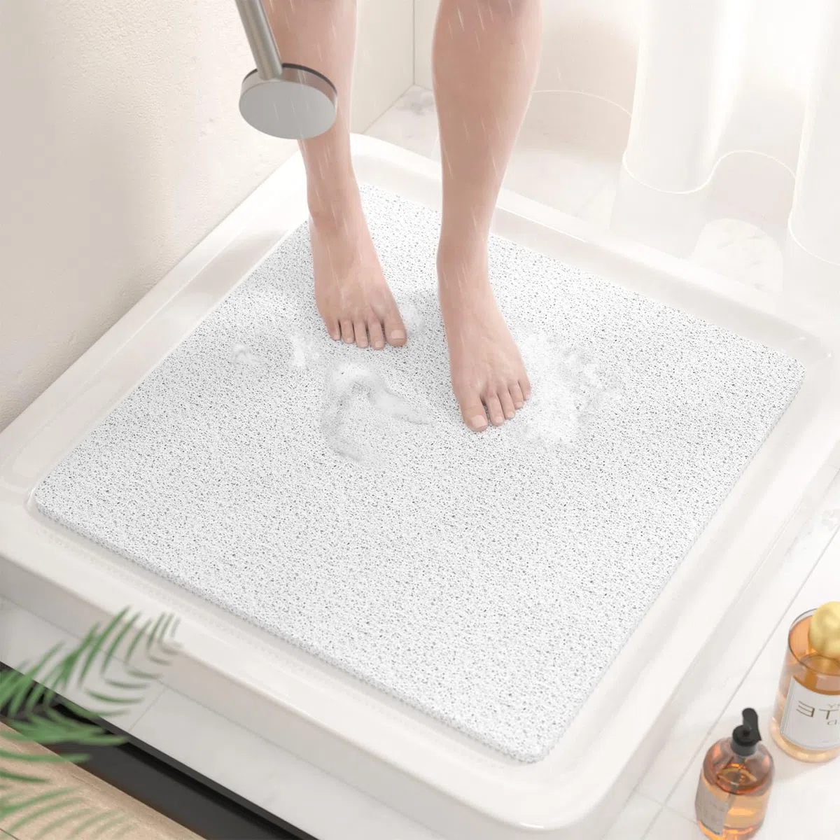 HITSLAM Tappetino Doccia Antiscivolo, 53x53cm Tappetino Vasca Antiscivolo da Bagno Senza ventose, Morbido PVC Luffa Tappetino Bagno, Asciugatura rapida, Drenaggio efficiente, Bianco