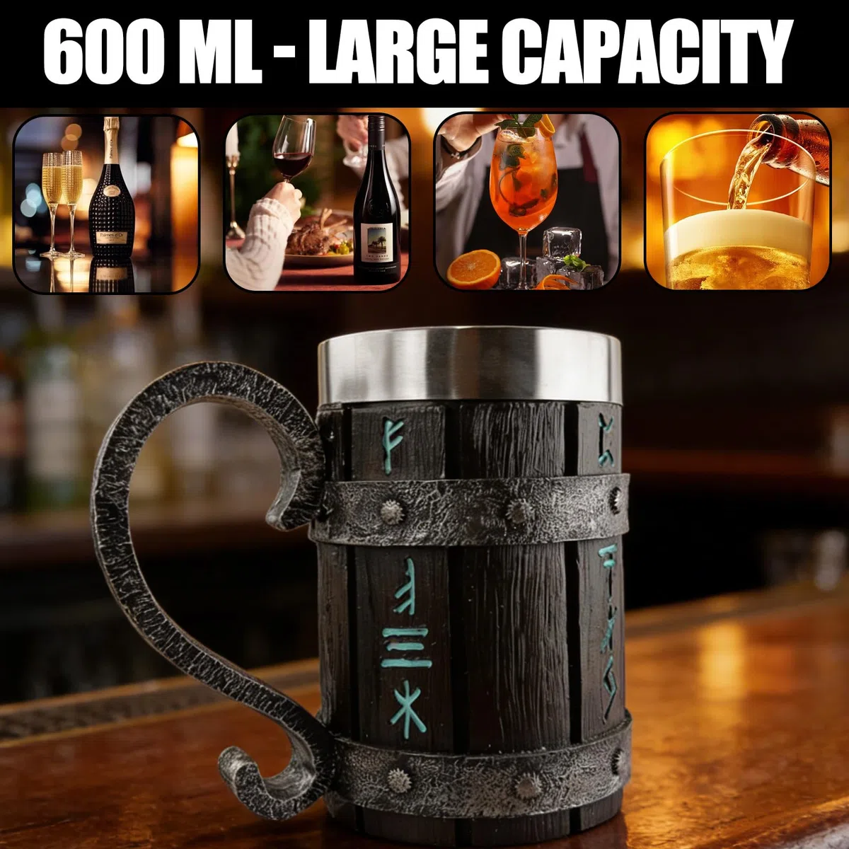 Boccale di legno medievale, 600 ml, brocche di birra in legno con acciaio inossidabile, barile retrò, barile di legno per birra, bevande, caffè, regalo per uomini per la festa del papà