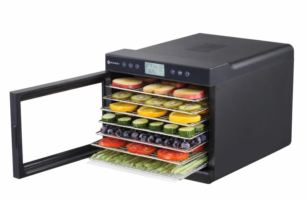 HENDI Essiccatore alimentare, con 7 vassoi, disidratatore elettrico per frutta e verdura, 24 ore timer, temperatura regolabile 35°-70°C, 230V, 500W, 345x450x(H)315mm, acciaio inox, PP