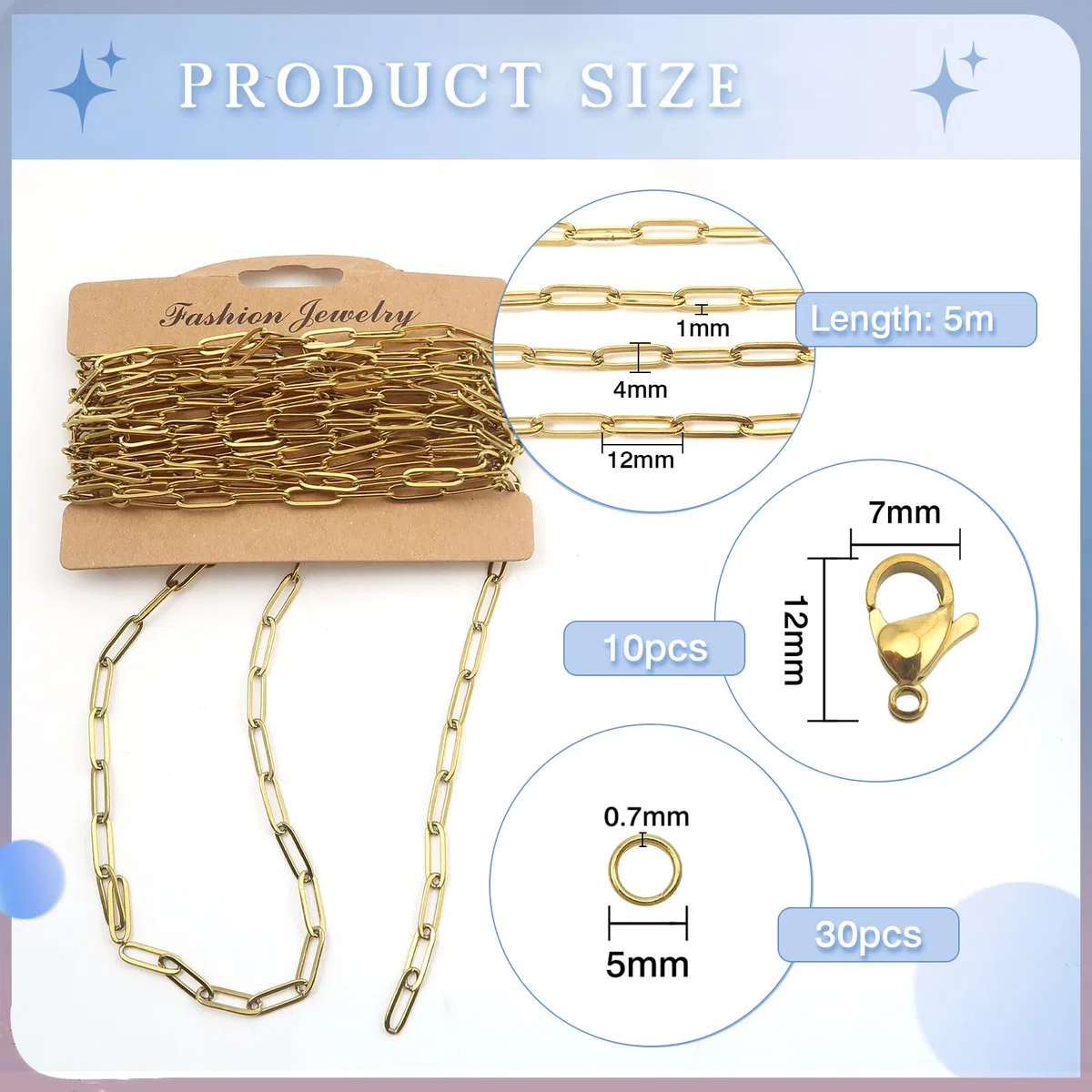 TOAOB 5 Metri Catena in Acciaio Inox Oro Catene per Collana Fai da Te con Chiusure di Gioielli e Anellini per Bigiotteria Braccialetti 4x12 mm
