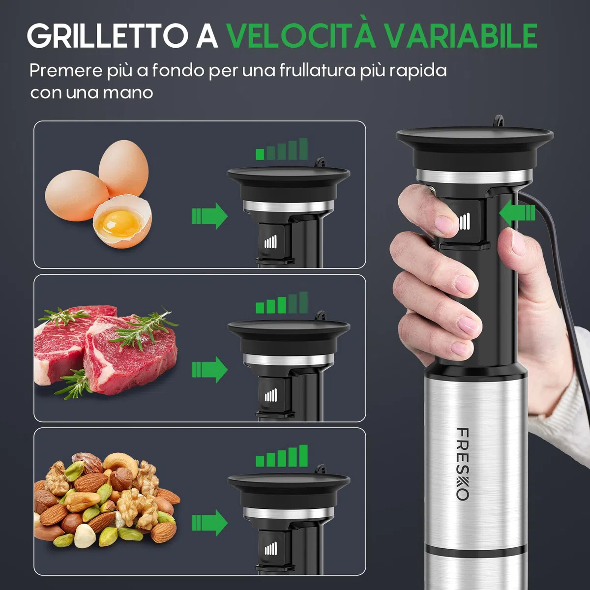 FRESKO Frullatore a Immersione, 1000W Frullatore in Acciaio Inox con Protezione per Pentole, 5 Accessori, Velocità Regolabile, Frullatore Manuale per Alimenti per Bambini, Zuppe, Smoothies