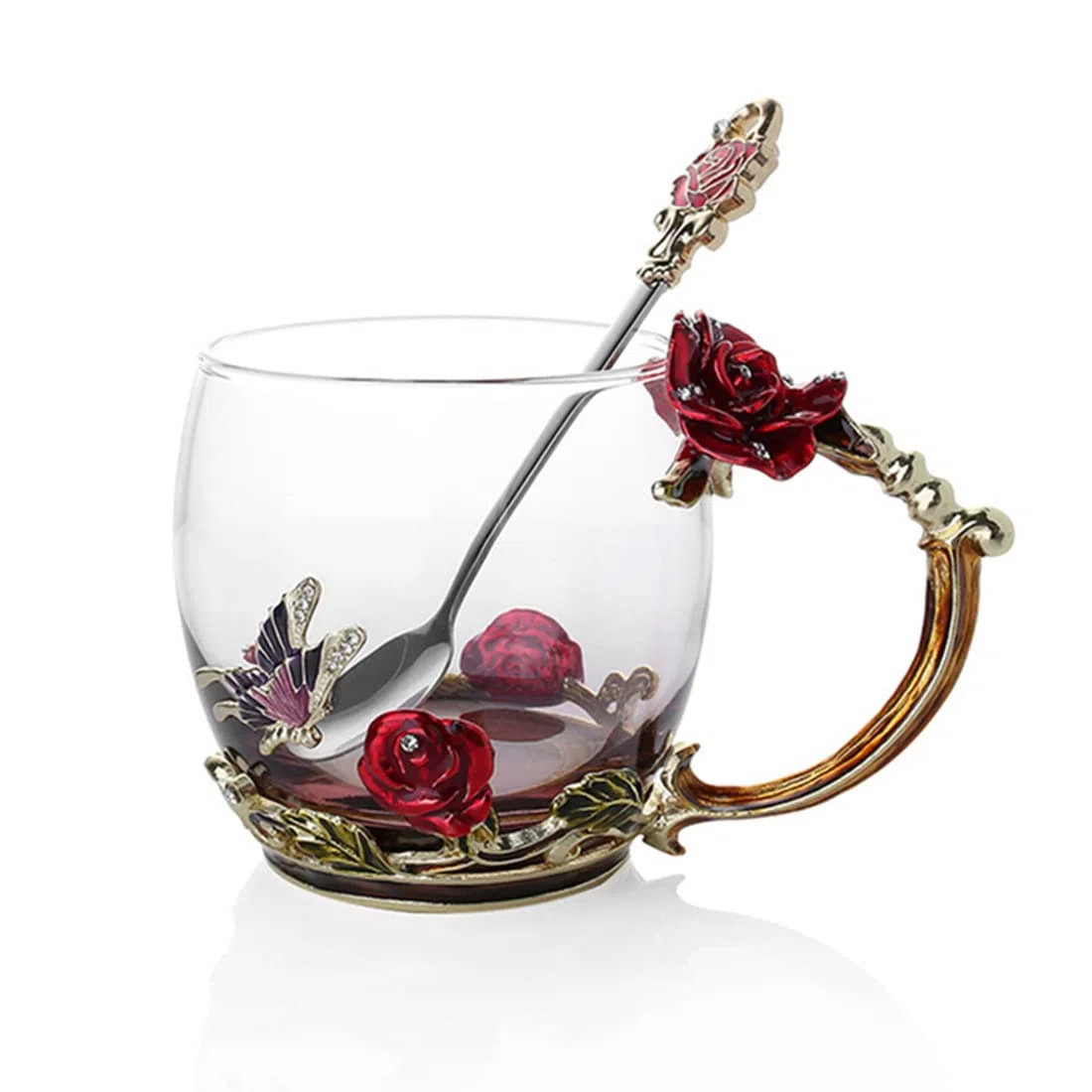 Tazza da Tè in Vetro Smaltato, Farfalla Fiori Tazza da Tè con Cucchiaio in acciaio, idea Regalo Perfetta per donne, moglie, fidanzata, festa della mamma, San Valentino, matrimonio (rosa 330ml)
