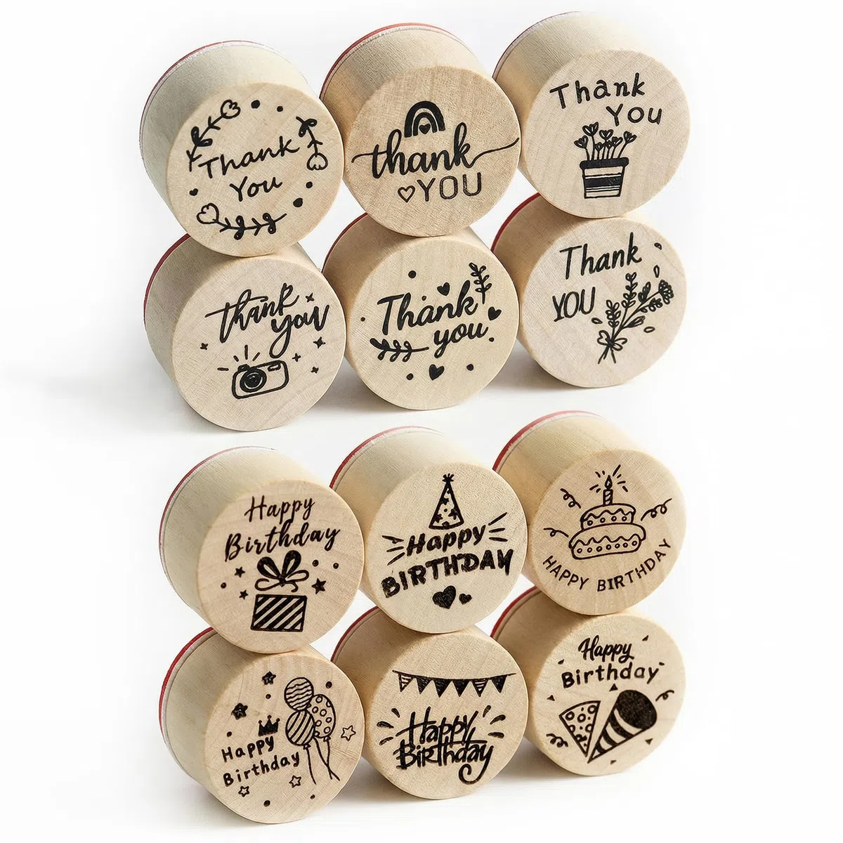 12 Pezzi Timbri in Legno, Timbri Grazie e Buon Compleanno, Timbri in Gomma per Realizzazione Biglietti, Scrapbooking, Regalo per Insegnanti, Fai da Te