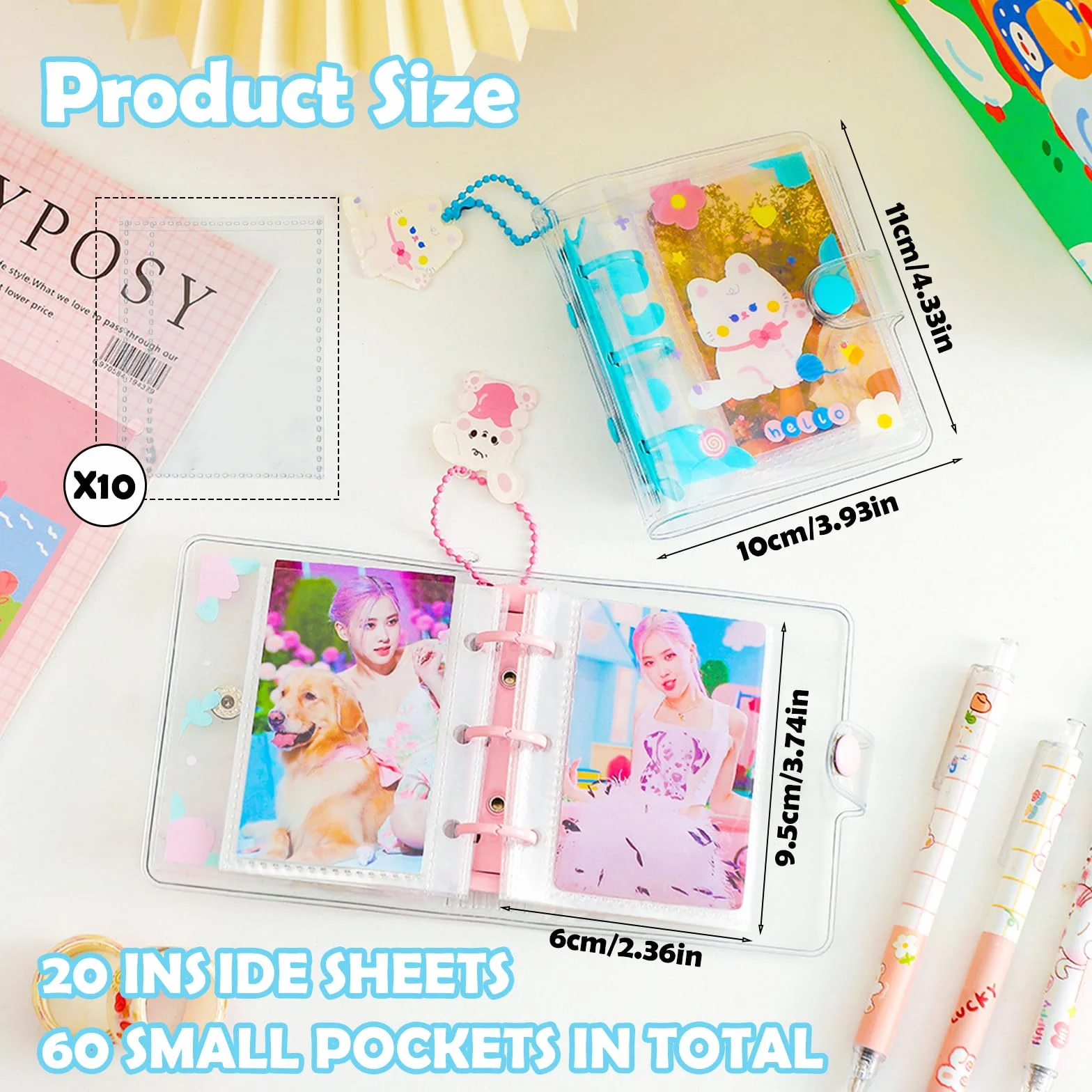 2 Kpop Binder Photocard Holder con 10 Maniche, 3 Pollici 60 Tasche Mini Porta Album con Portachiavi, Fotografico per Foto Card
