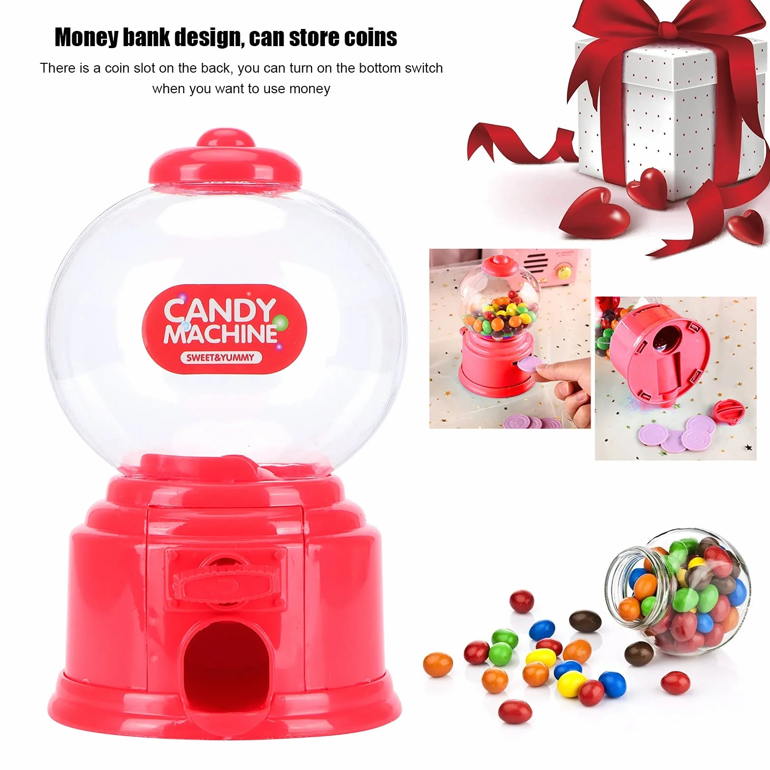 Distributore di Caramelle, Distributore di Caramelle a Gettoni Distributore di Gomme da Masticare Mini Macchina per Caramelle Diametro per Dolci, Cioccolatini Massimo Della Caramella: 1,5 cm(Rosso)