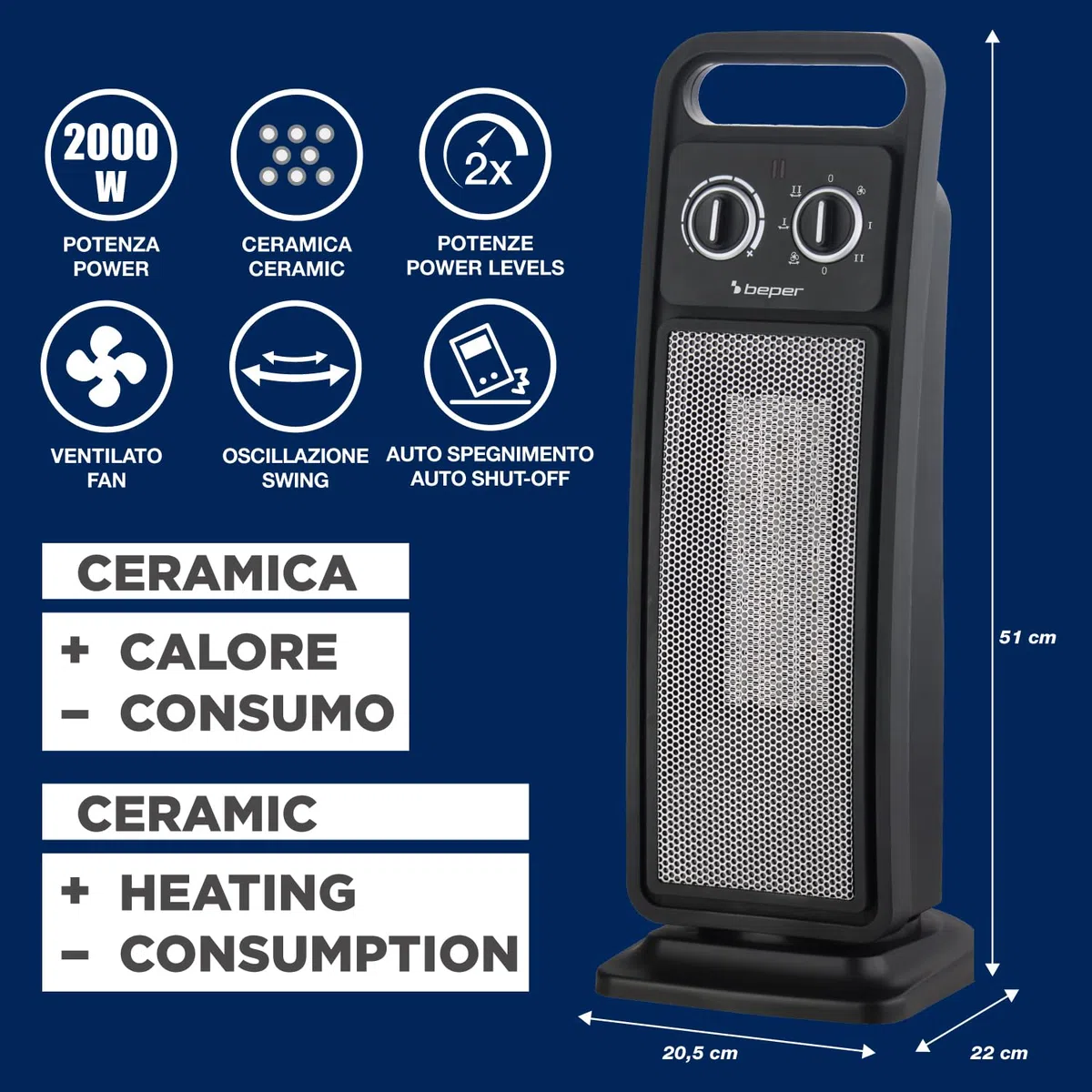 BEPER P203TER002 Termoventilatore Ceramico a Torretta, Stufetta Elettrica 2000W con Oscillazione Automatica, Termostato Regolabile, 2 potenze, Sicuro con Autospegnimento