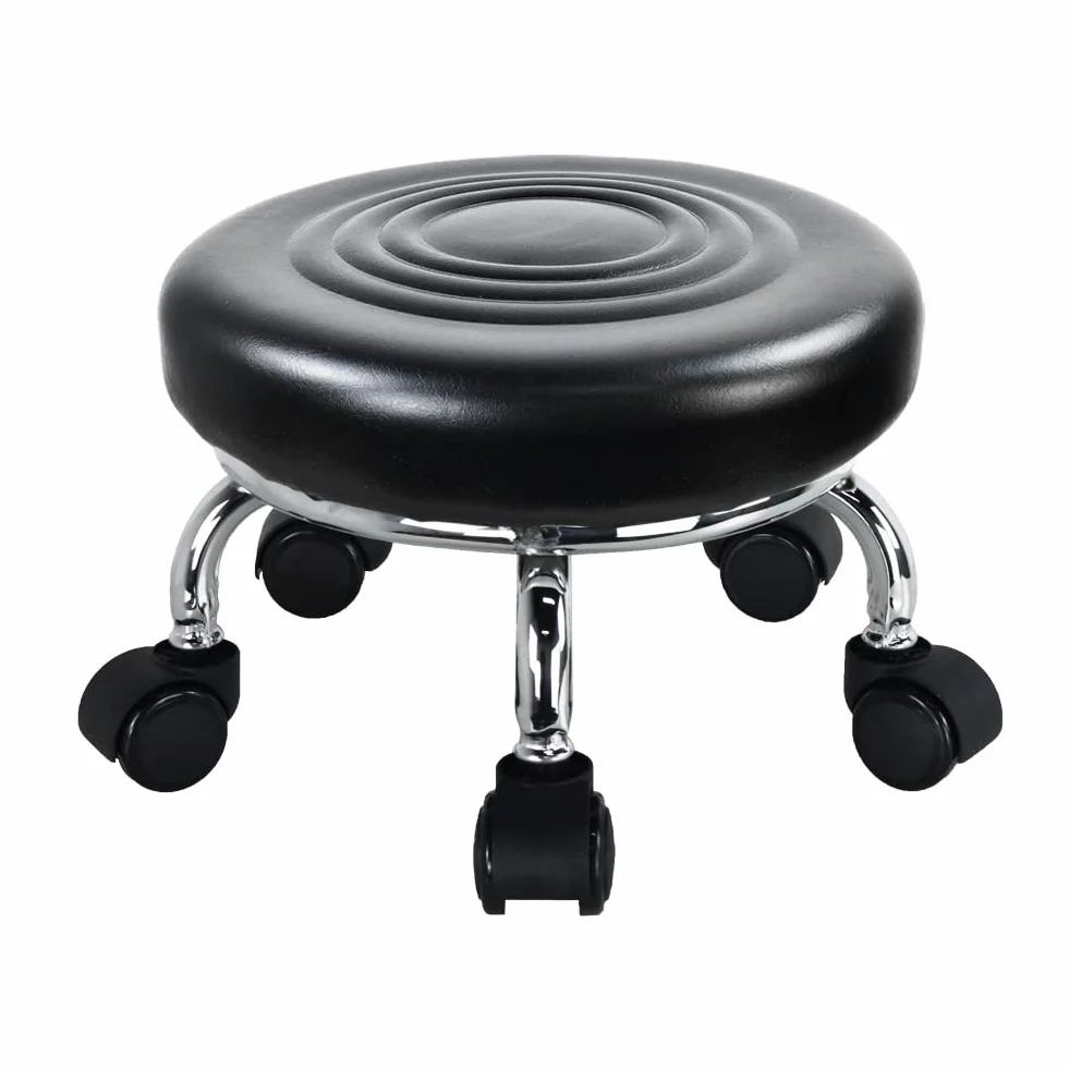WKWKER moderno sedile a rullo in pelle PU basso rotonda sgabello girevole piccolo sgabello con ruote girevoli universali per home office garage negozio fitness sport, H: 21,3 cm (nero)