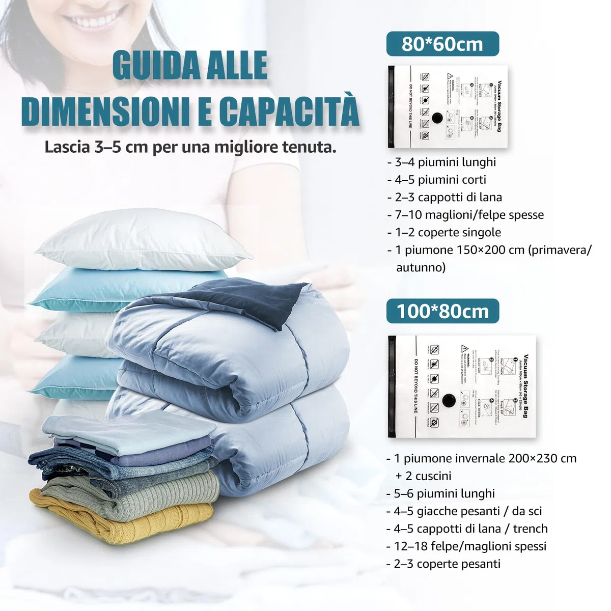 Accenter Sacchetti Sottovuoto Vestiti 5 Pezzi Sacchi Sottovuoto Piumoni 3XL 100x80cm 2L 80x60cm Buste Sottovuoto Vestiti Per contenere vestit, lenzuola, piumoni, cuscini e coperte
