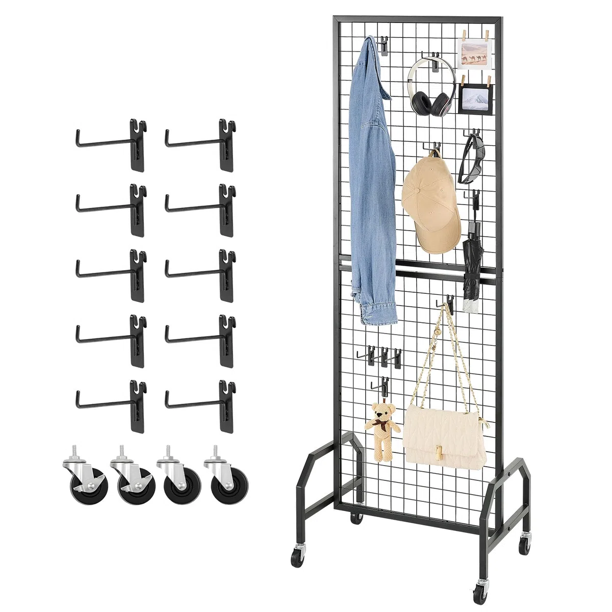 VEVOR Parete Pannello a Griglia 60 x 164 cm 1 pezzo Espositore da Pavimento con 10 Ganci, Parete a Pannello in Acciaio al Carbonio, Scaffale per Esposizione per Decorazioni, Nero