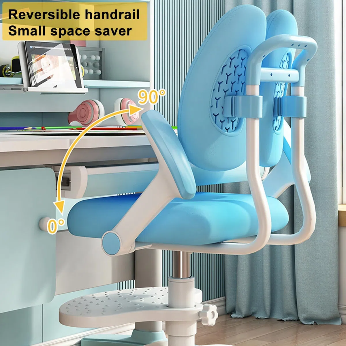 sedia da scrivania per bambini, sedia ergonomica girevole regolabile con braccioli e poggiapiedi, doppio cuscino morbido per studio