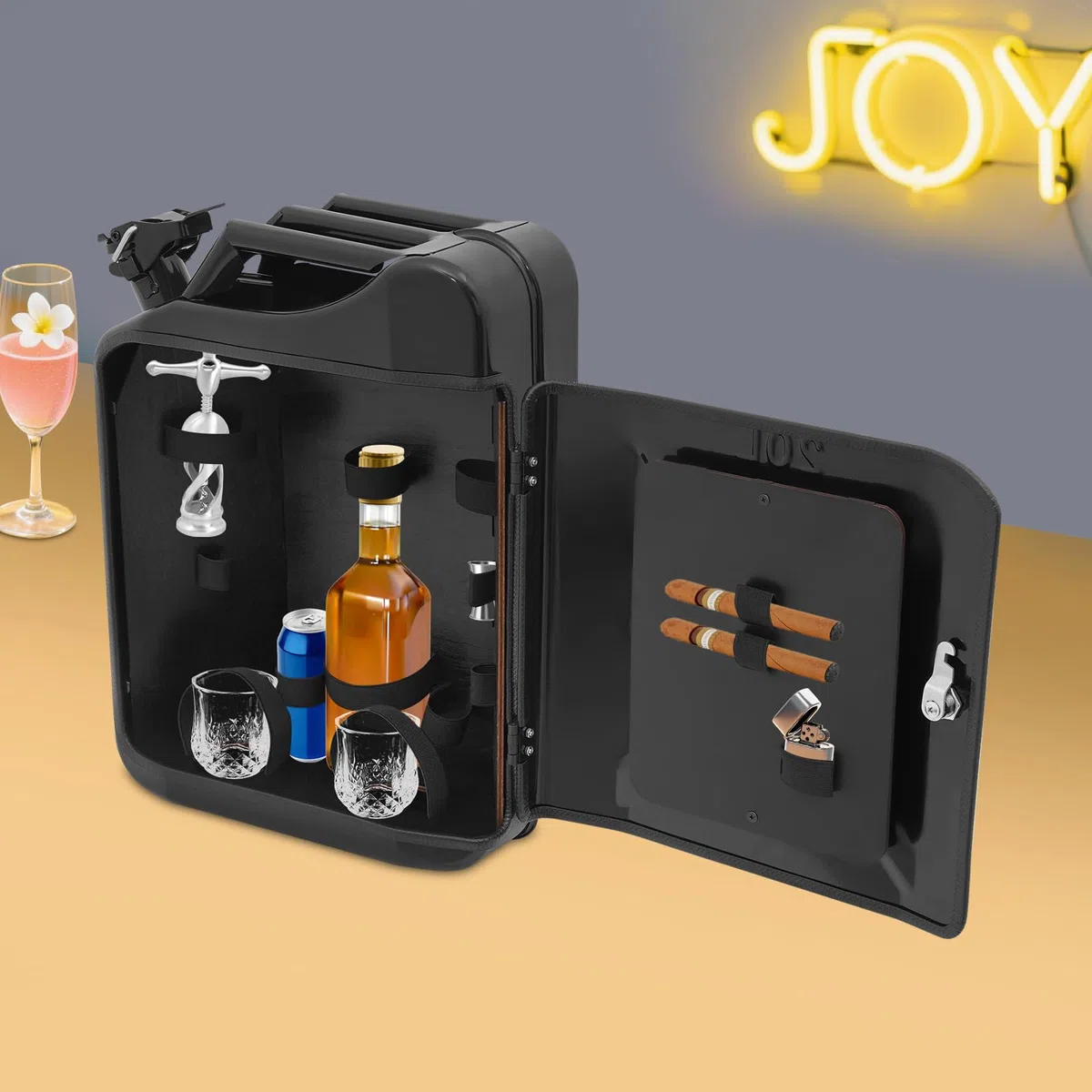 Tanica bar in metallo, minibar con serratura con scomparti in legno, come regalo per uomini, bar mobili, 36 x 17 x 47 cm
