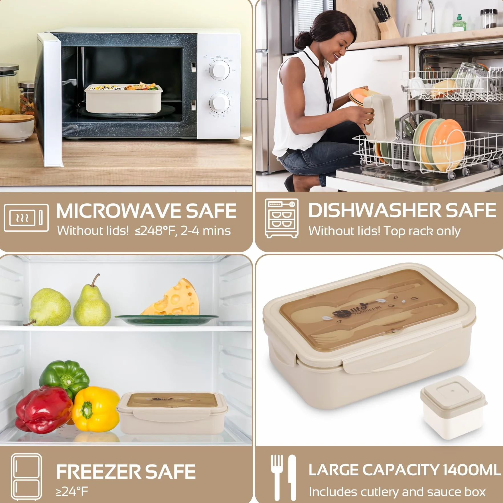 LUZOON Bento Lunch Box,1400ml Bento Box con 3 Scomparti e Posate per Adulti, Porta Pranzo con Posate e Scatola Per Salse,Senza BPA,Sicuri per Microonde e Lavastoviglie (Kaki)