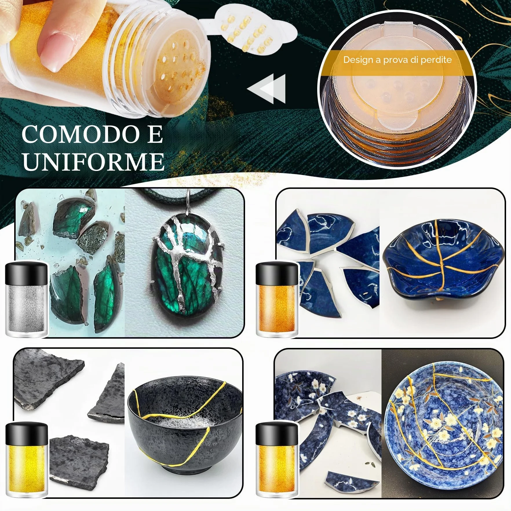 Kintsugi Set Riparazione Ceramica 50ml Oro Argento Adesivo Porcellana Sicuro Alimenti