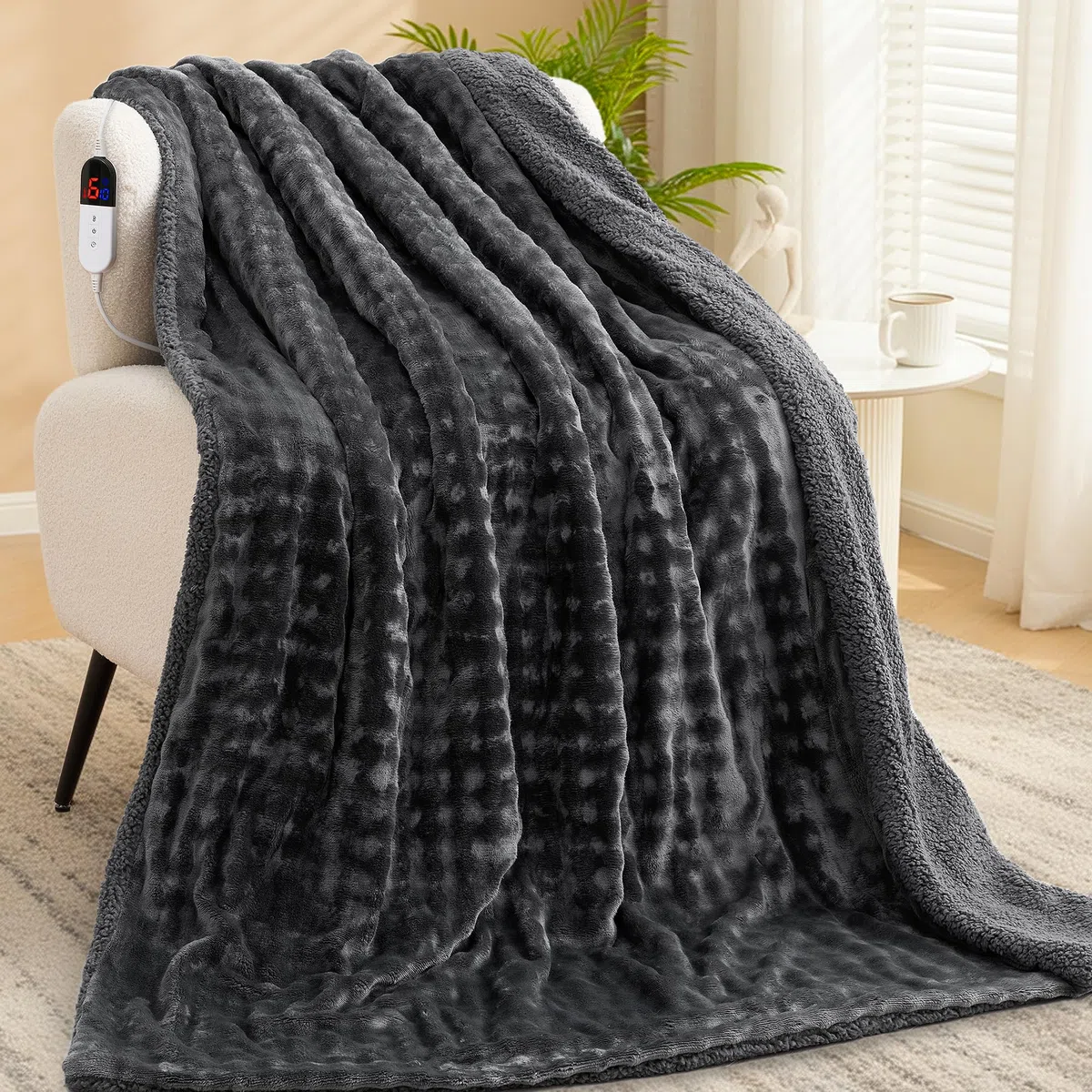 Coperta Elettrica Riscaldante 150x200cm, Motivo a Bolle 3D, Peluche Soft e Sherpa Rinforzato, 6 Livelli di Calore, Timer 1-10H, Coperta Elettrica Doppia per Letto Divano Ufficio, Lavabile, Grigio