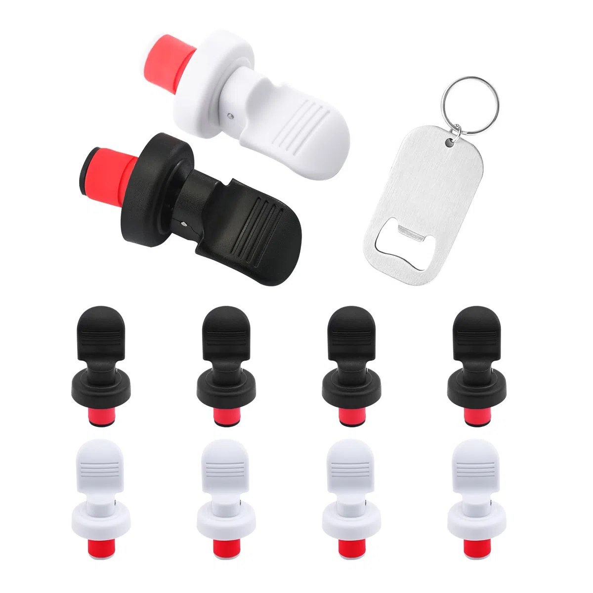 10 Pezzi 15mm Tappi per Champagne, Tappi riutilizzabili per Bottiglie di Vino, Tappi per Bevande con Silicone espandibile, con Un apribottiglie in Acciaio Inox (5 Neri e 5 Bianchi)