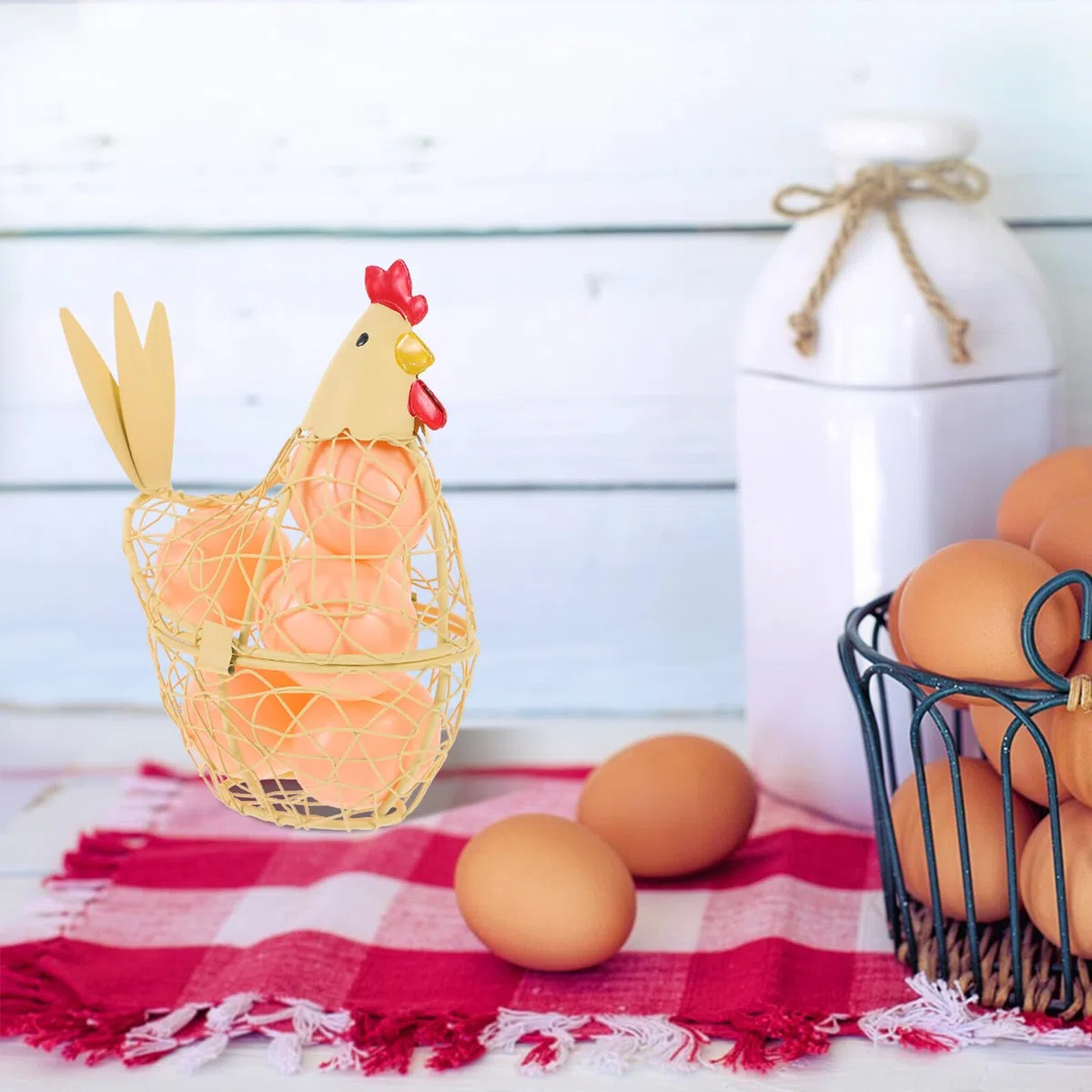 Cesto Design Decorativo Porta Uova in Ferro Giallo a Forma di Gallina Multiuso per Conservazione Uova per Festa e Buffet