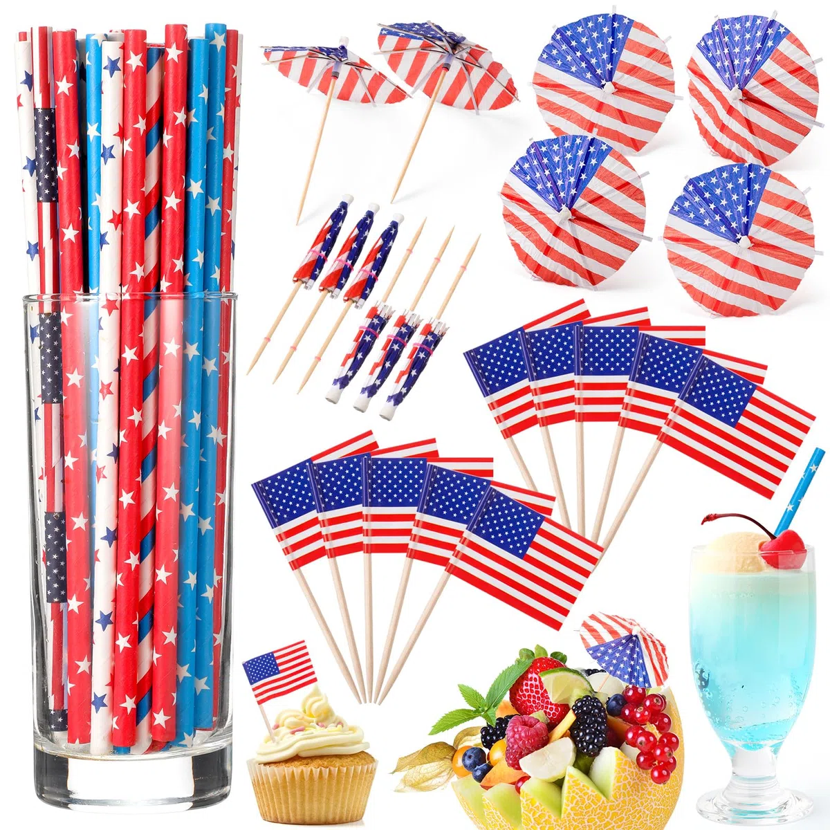 Blulu 150 Kit Stuzzicadenti da Cocktail a Tema Giorno d'Indipendenza 50 Plettri da Cocktail con Ombrelli del 4 Luglio 50 Stuzzicadenti con Bandiera USA 50 Cannucce Decorazioni per Festa Patriottica