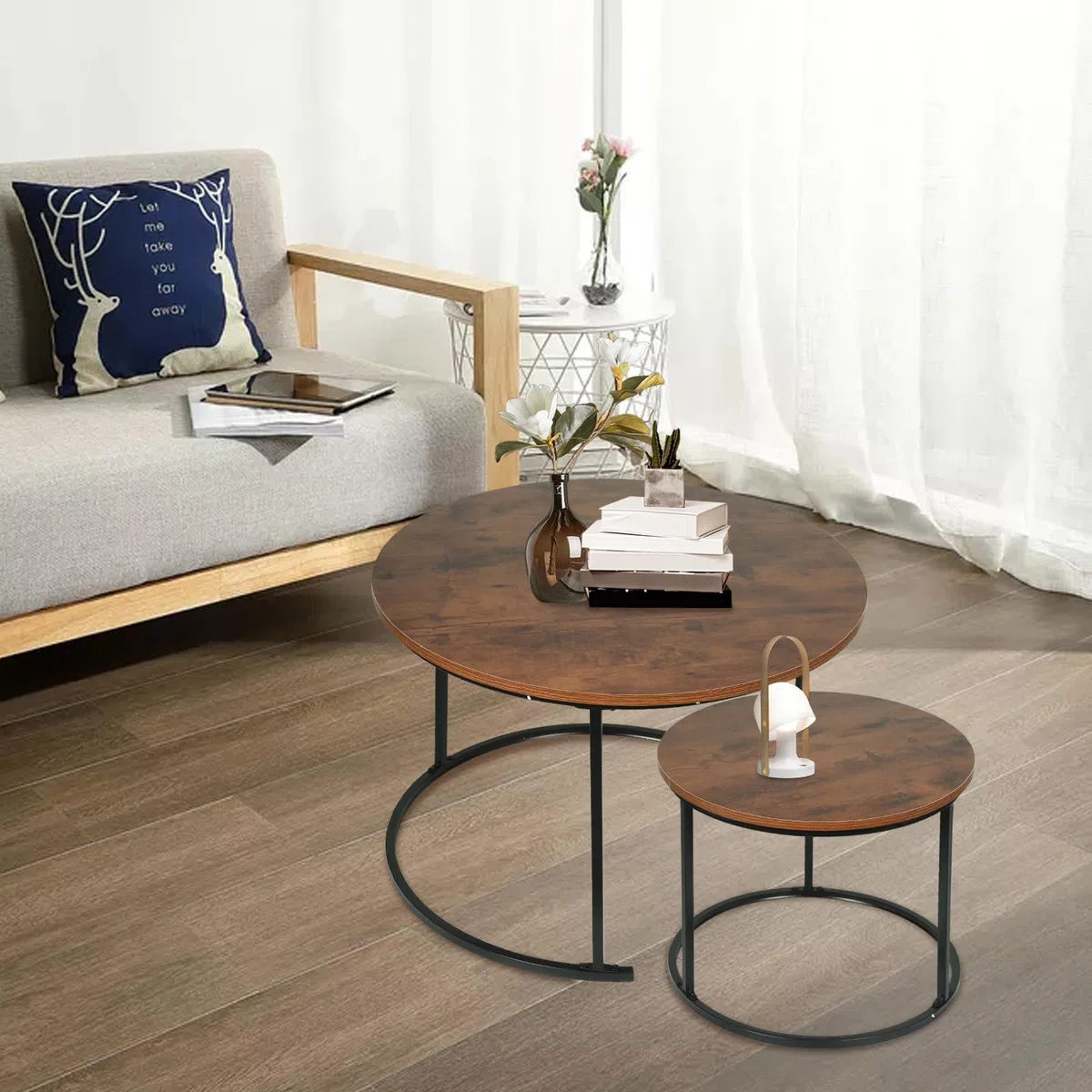 HUOLE Tavoli estraibili rotondi Set di 2 pezzi, con telaio in metallo dorato, piano in finto marmo, per soggiorno, camera da letto, ufficio, appartamento -B (60 x 60 x 45 e 40 x 40 x 38) in legno