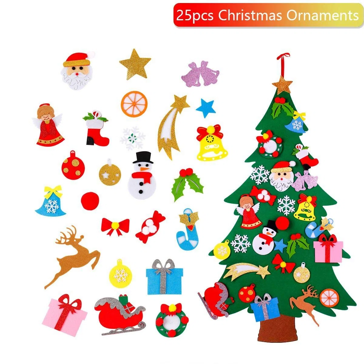 FengRise Albero Natale Feltro - 120cm Albero di Decorazioni Natalizie con 25 Ornamenti Natalizi Staccabili per Regali di Natale di Nuovo Anno per Bambini, Decorazioni Natale per Casa Pareti di Porte