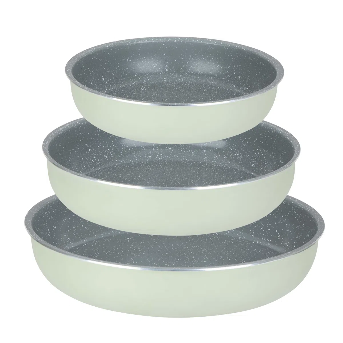 Sitram 716940 - Set di 3 padelle in alluminio, serie FAMILY, Ø 20,24,28 cm, rivestimento antiaderente in ceramica effetto pietra, colore verde, manico rimovibile SITRAMOVIble, tutte le luci incluse