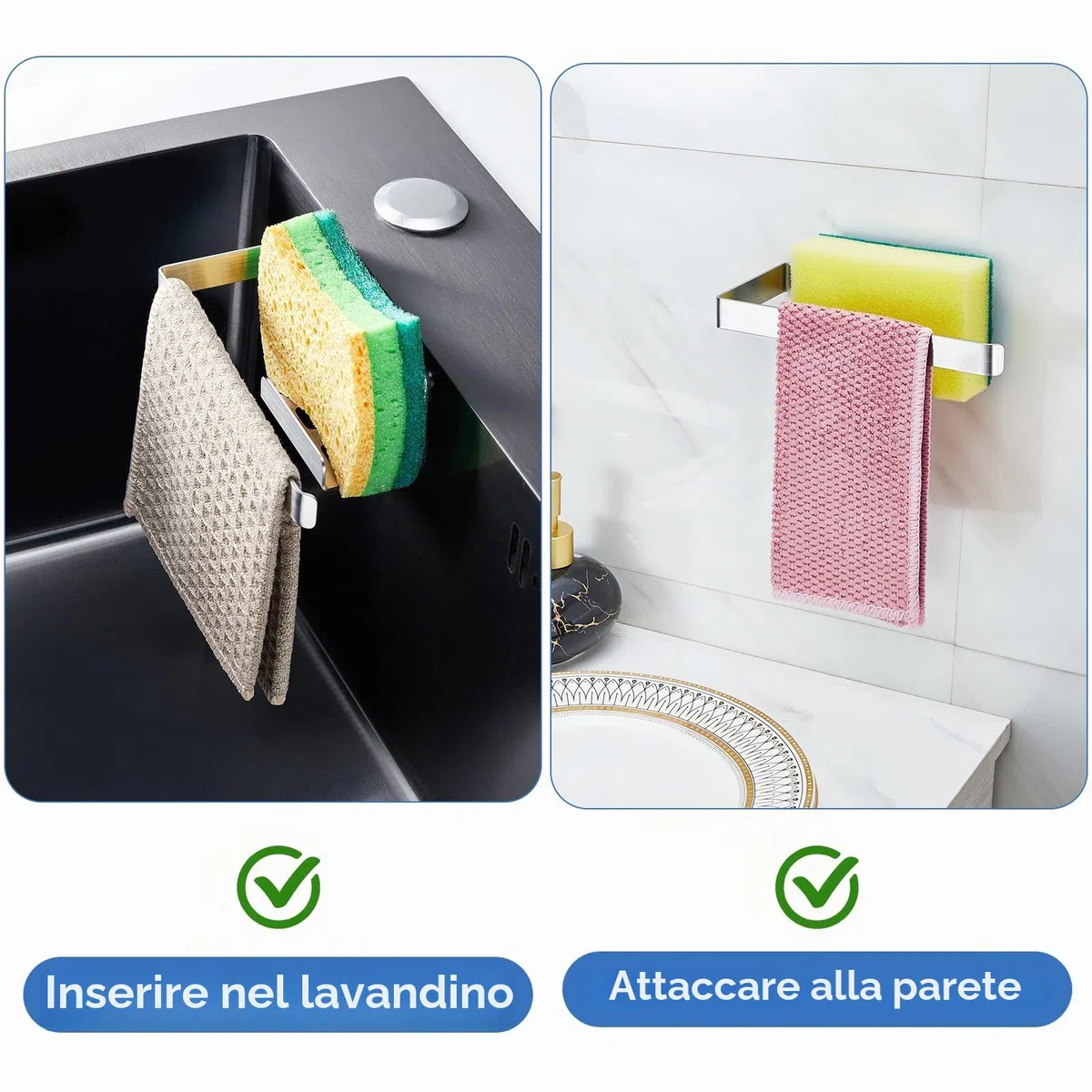Porta Spugne Lavello Cucina, Portaspugne per Lavello Cucina Autoadesivo, 2 in 1 Porta Spugnette Lavandino Cucina da appendere, Acciaio Inox Porta Stracci Cucina, Argento