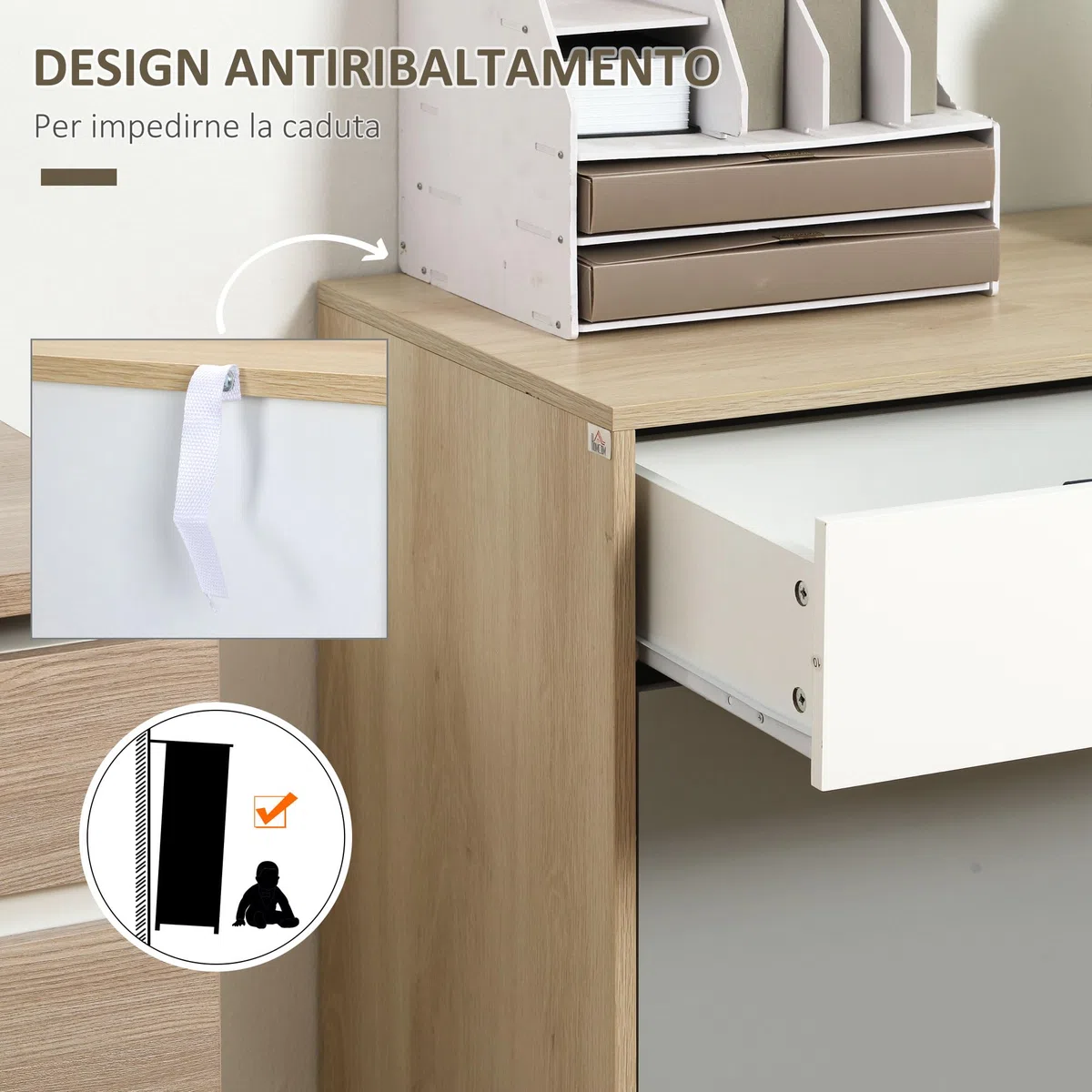 HOMCOM Mobiletto Multiuso Stile Nordico, Armadietto Due Ante con Cassetti per Cucina e Ingresso, 100x40x79.5cm, Multicolore