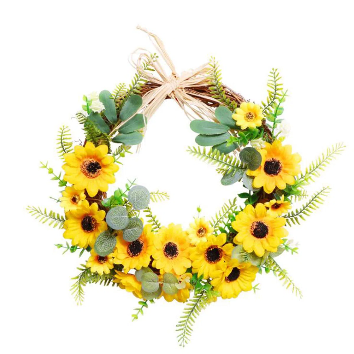 Corona di girasole artificiale da 17,7 pollici, corona floreale da appendere a porta anteriore, ghirlanda di fiori di seta gialla di simulazione, falsa primavera estate rattan Swag