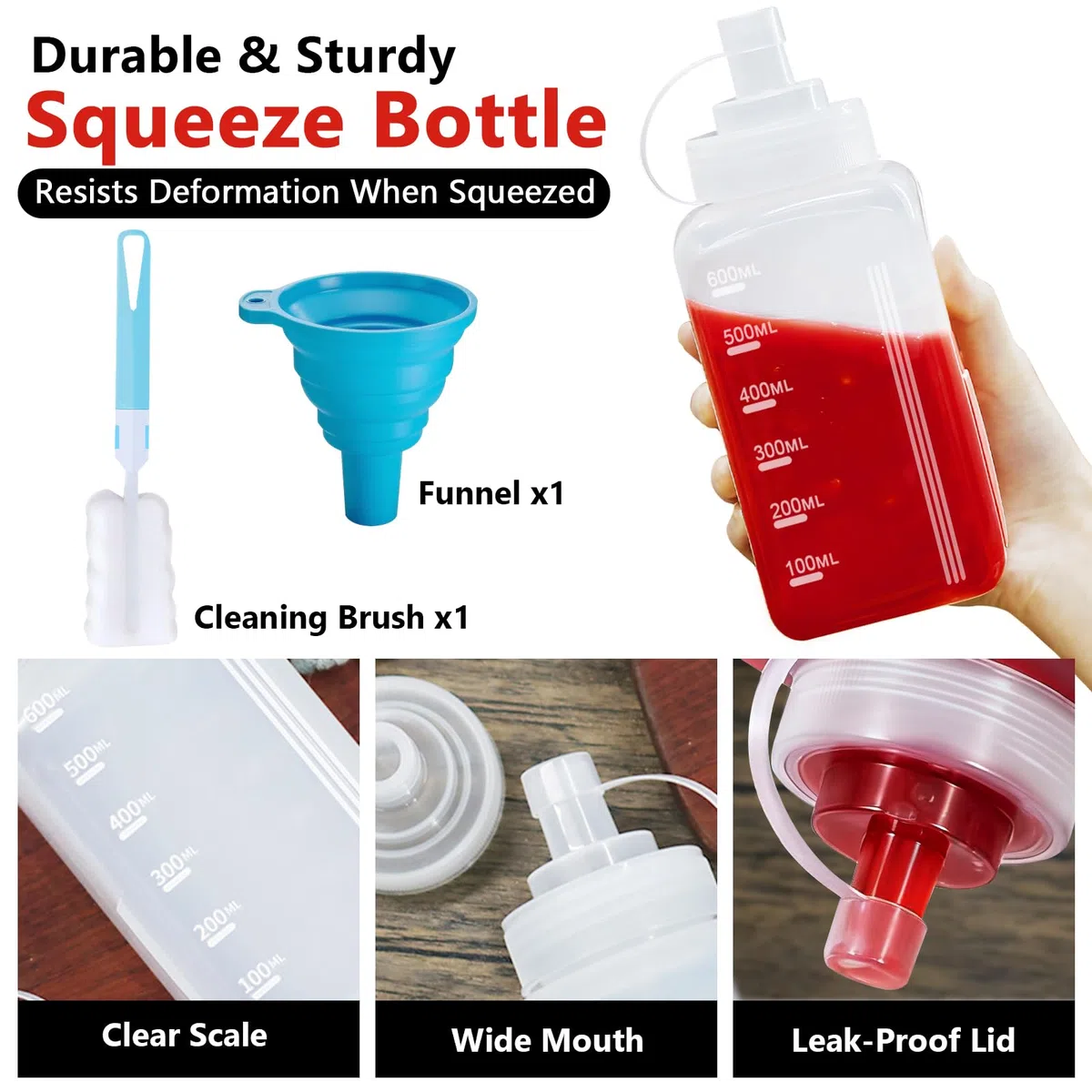 4 Pezzi Bottiglia Squeeze di Plastica, 600ml Bocca Grande Biberon Cucina Professionale con Tappi, Pennello di Pulizia, Imbuto, Squeeze Bottle Sauce per Ketchup, Senape, Mayo, Olio, Salse