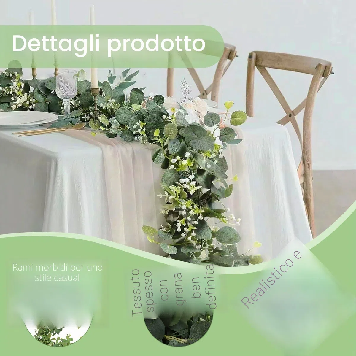 2 Pezzi Ghirlanda Fiori Finti, Ghirlande Artificiali di Eucalipto, Adatto per Decorare Giardini Esterni, Scene di Matrimoni, Tavoli da Pranzo, Grandi Feste, 3.6m