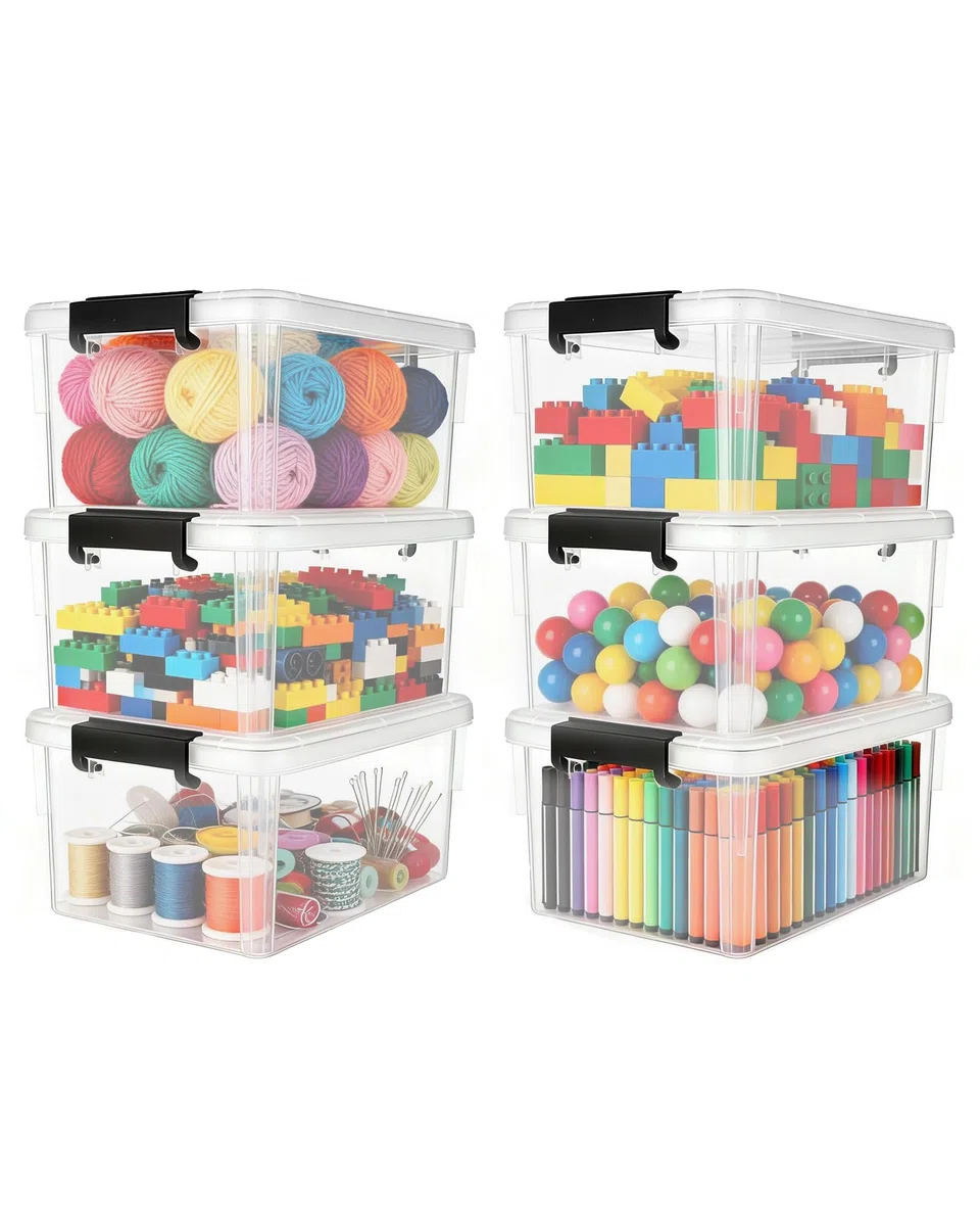 Set di 6 contenitori da 1,25 l con coperchio piccolo, impilabili, piccoli contenitori da 17,7 x 13 x 8,2 cm, scatola di plastica trasparente, per cancelleria, materiale fai da te, accessori