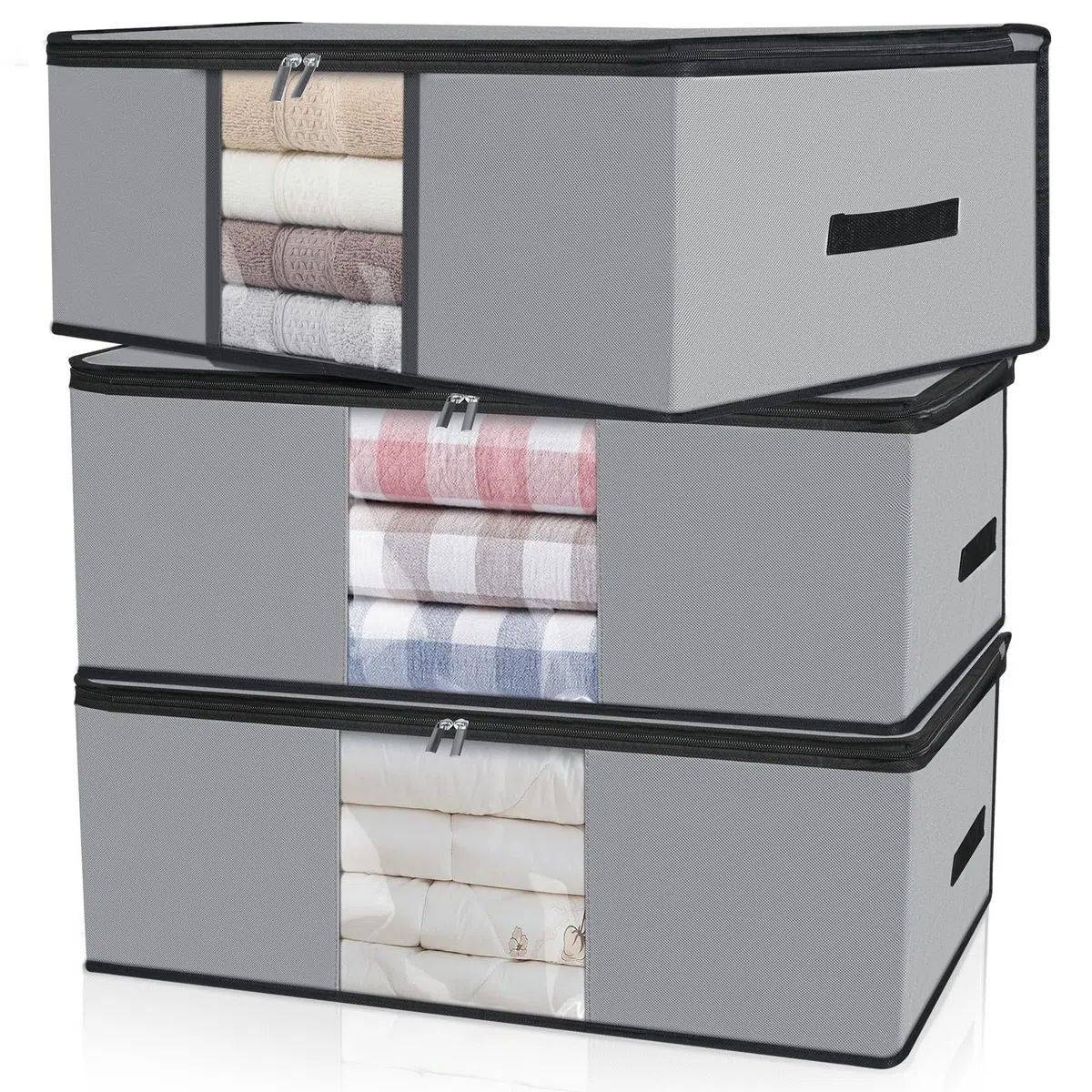 Cozary 3 Pezzi 60L Contenitori Sottoletto, Pieghevole Scatole per Vestiti, Scatole per Armadio con Finestra Trasparente, Contenitori per Armadio Salvaspazio per Vestiti, Biancheria da Letto, Grigio