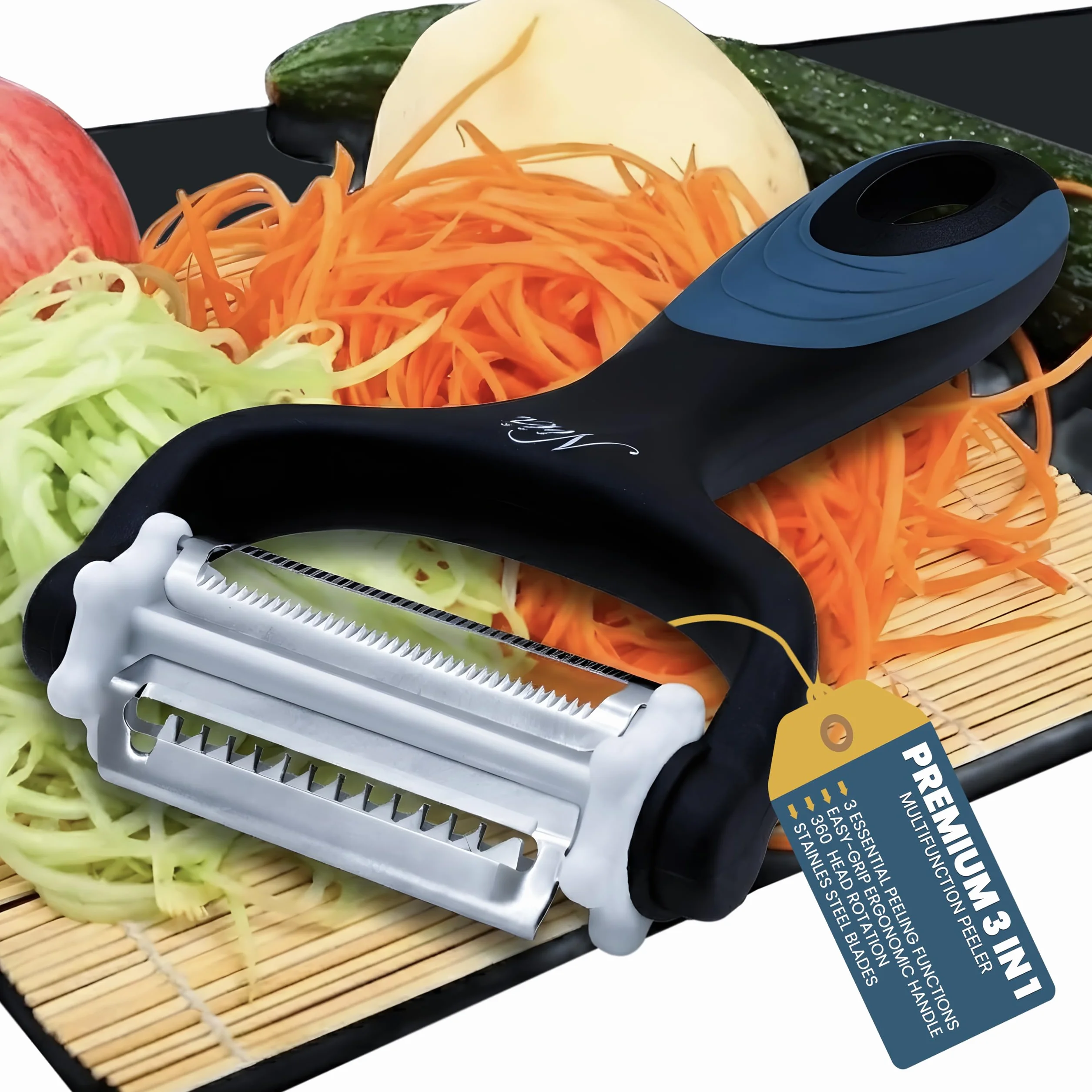 Neez 3 in 1 Pelapatate Professionale - Frutta, Carote, Zucca, Pela Patate e Verdure per Cucina - Buone Prese Acciaio Inossidabile Julienne Affetta (Nero)