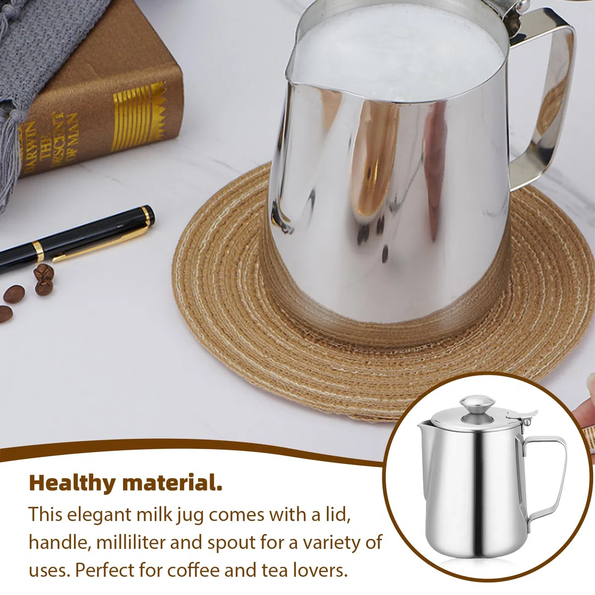 Brocca per latte con coperchio, 350 ml, in acciaio inox, per latte, caffè, caffè, cappuccino (2P)