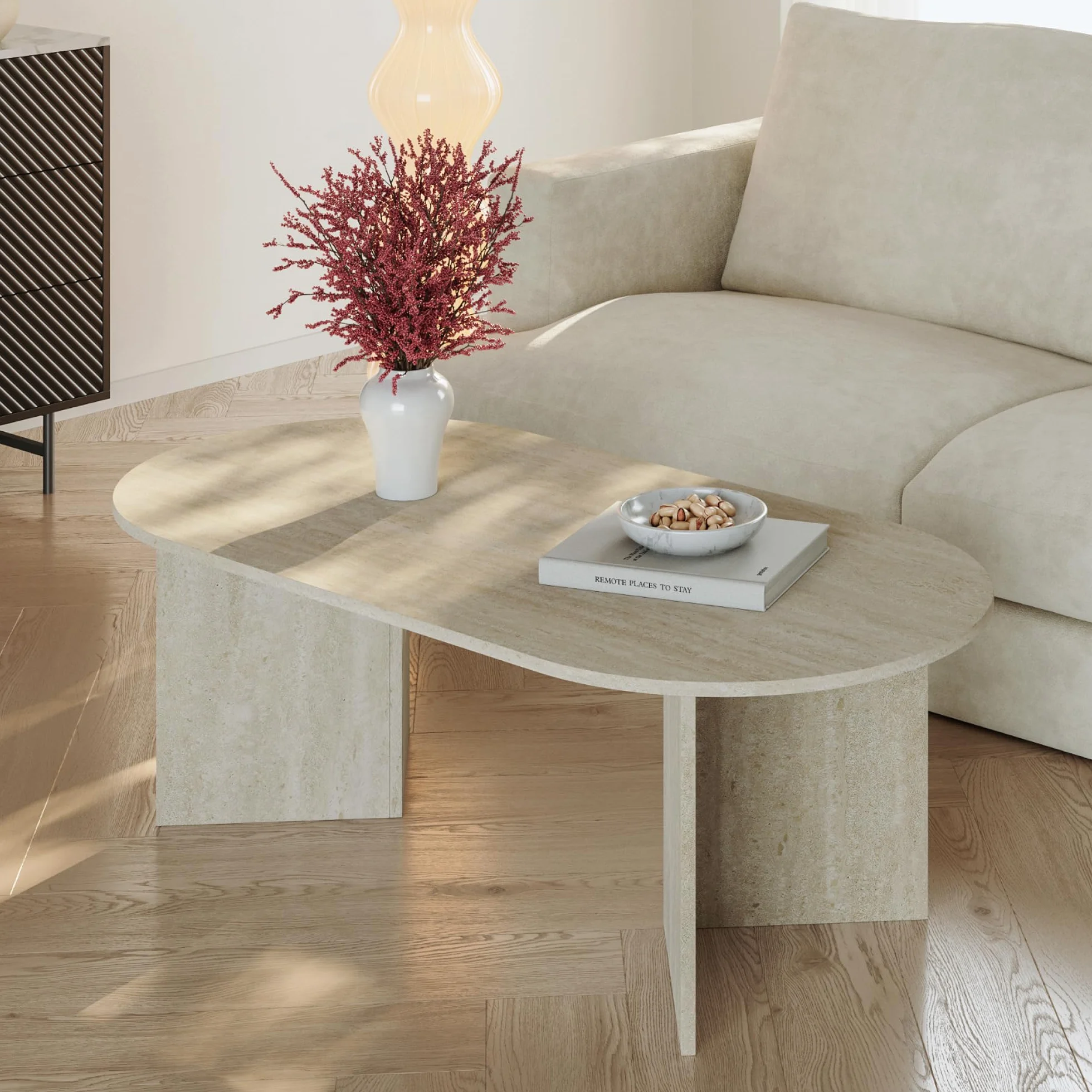 [en.casa] Tavolino da Salotto con Piano Ovale Tavolo Basso Centrale da Caffè per Soggiorno Zona Living Studio Sala d'Attesa 119 x 60 x 40 cm - Color Avorio Travertino