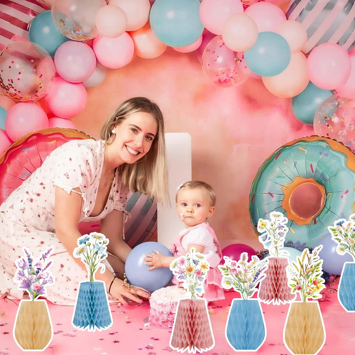 9 Pezzi Centrotavola Floreale, Fiori Selvatici Centro Tavola, Primavera Decorazione da Tavolo Nido d'Ape per Gender Reveal Compleanno Baby Shower Farfalla Battesimo Party