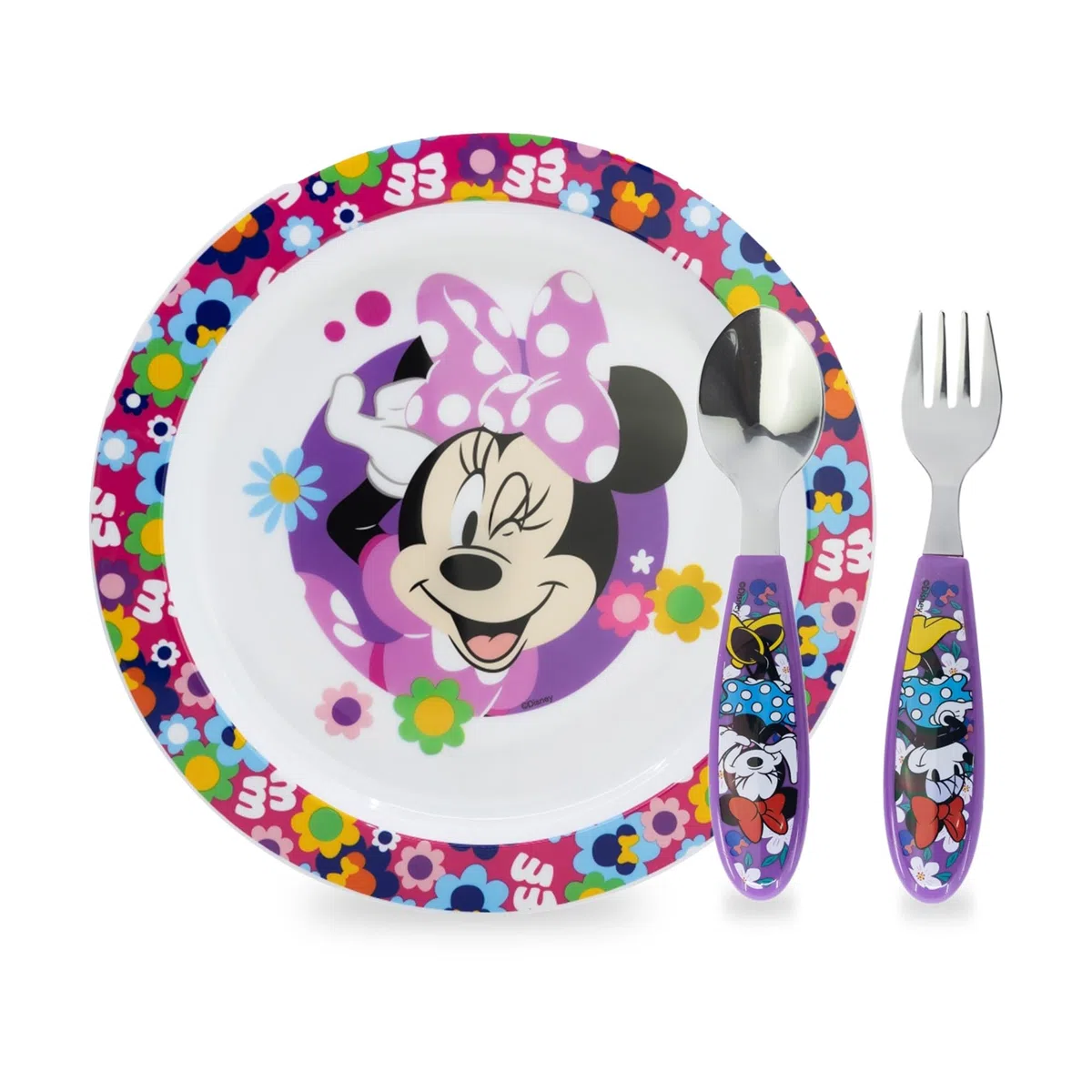 Set di Stoviglie Riutilizzabile, Set Piatti 3 Pezzi, Set Stoviglie con Piatto, Posate in Acciaio Inox, Piatti in Plastica Adatti per Microonde, Minnie