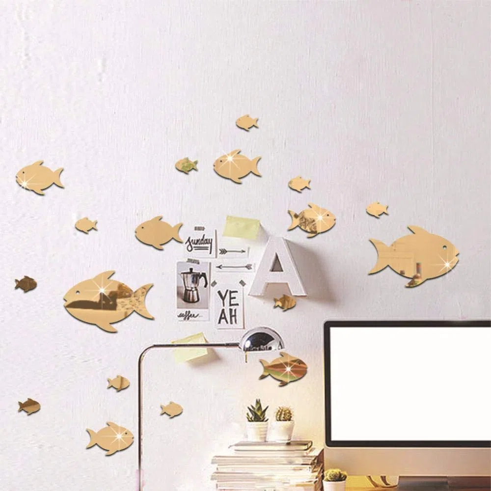 Fdit Adesivi Murali 3D, Pesce Tropicale Effetto Specchio Adesivi Murali, Adesivi Murali Removibile DIY per Decorare Bagno, Camera da Letto, Soggiorno e Baby Room, Argento
